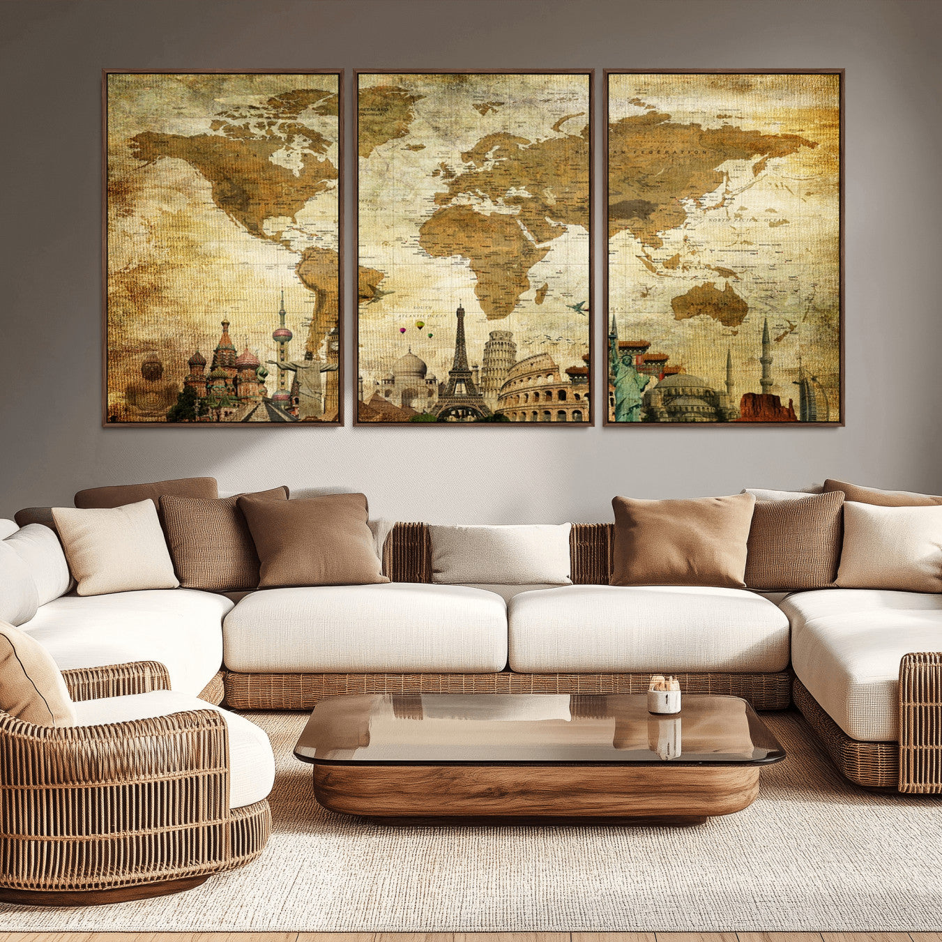 -Vintage World Map Canvas Wall Art – Framed Push Pin Travel Map with Famous Landmarks, Rustic Home and Office Decor Artwork for Travelers
