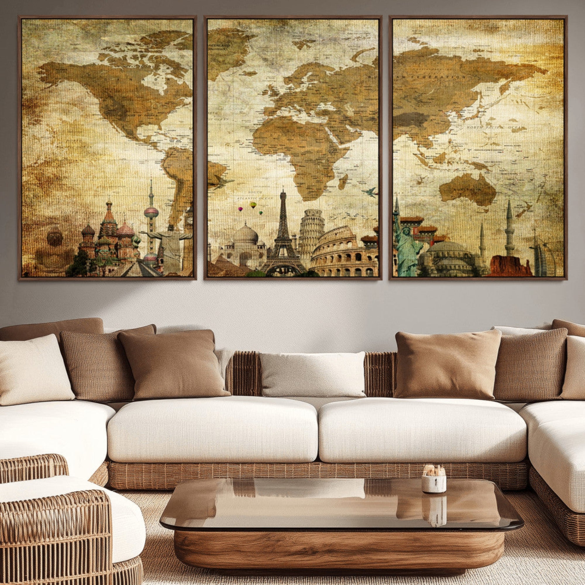 97849-MGV-CV-36X24-Vintage World Map Canvas Wall Art – Framed Push Pin Travel Map with Famous Landmarks, Rustic Home and Office Decor Artwork for Travelers