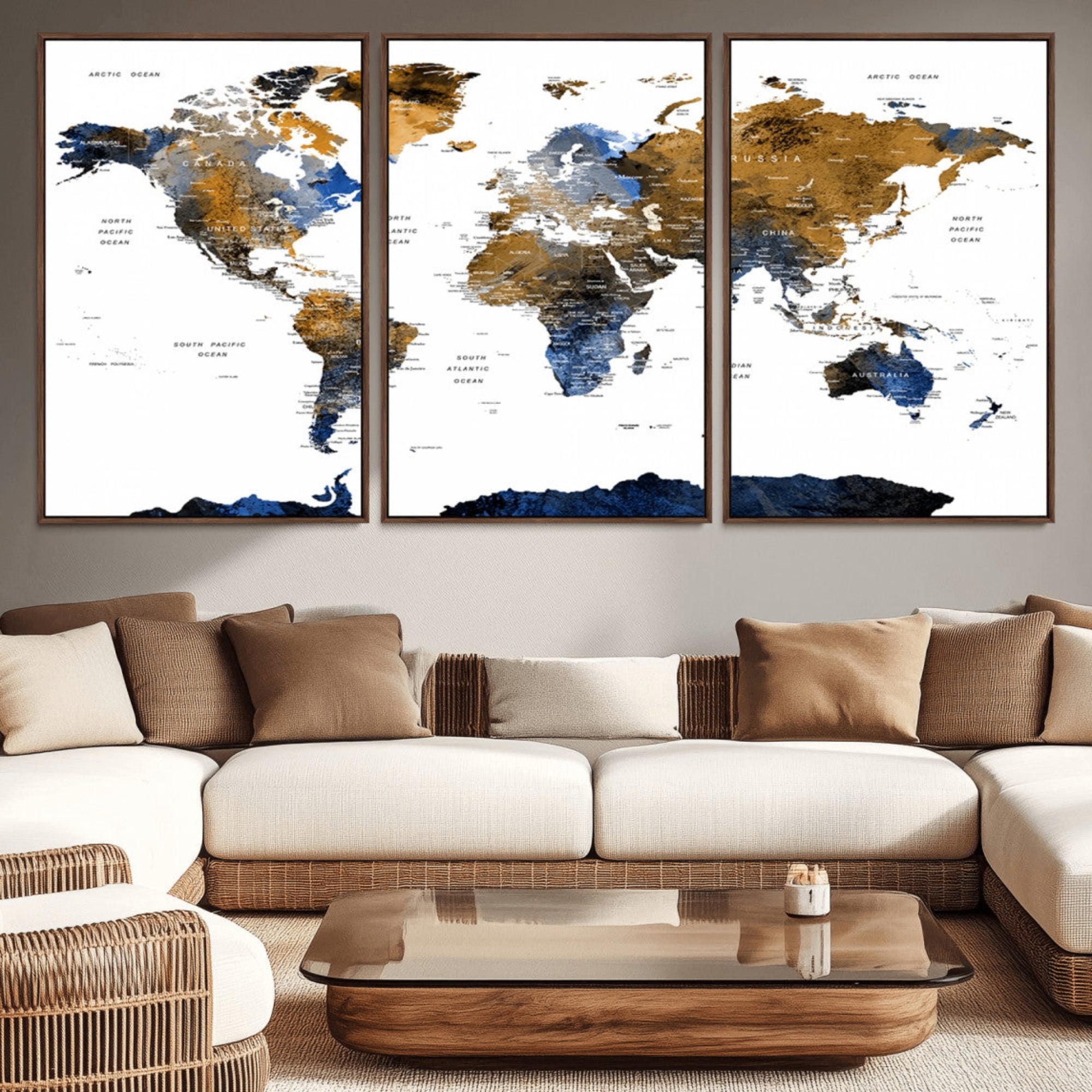 56231-MGV-CV-36X24-Navy and Gold World Map Canvas Wall Art – Framed Modern World Map Print, Elegant Travel Inspired Artwork for Home and Office Decor