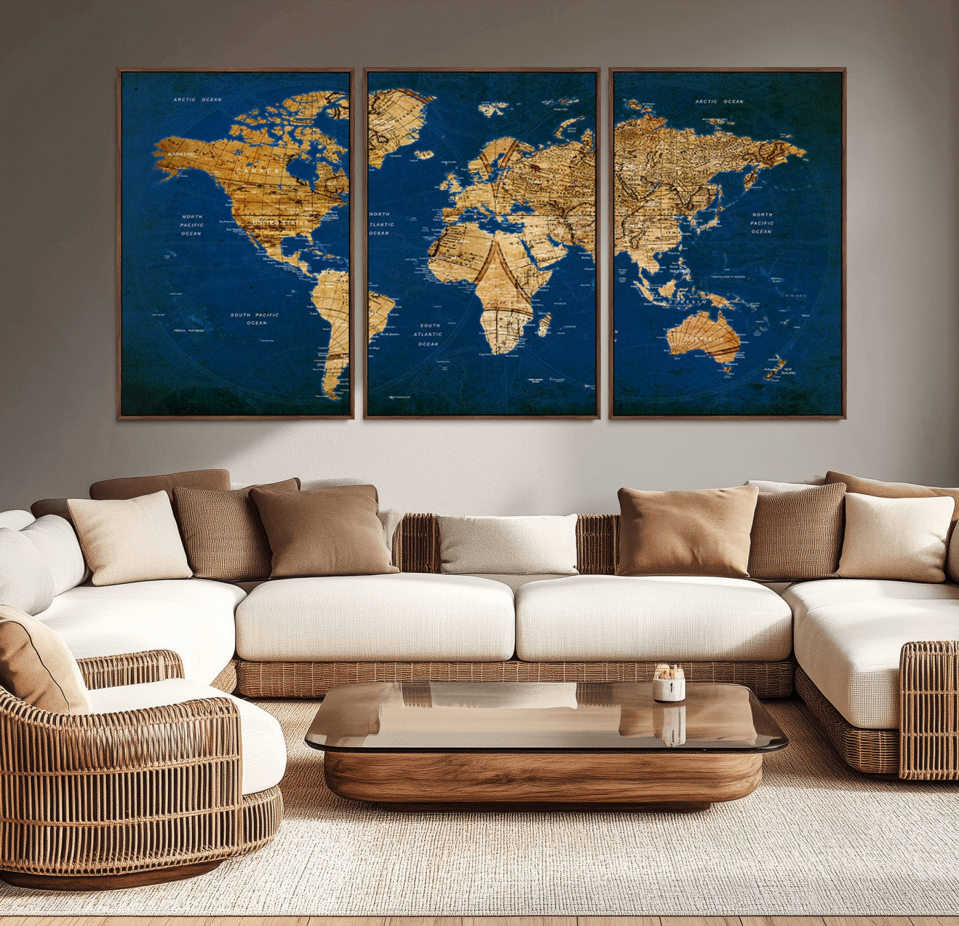 -Navy Blue and Gold World Map Canvas Print – Framed Luxury Push Pin Wall Art, Elegant Vintage Travel Map Decor for Home or Office