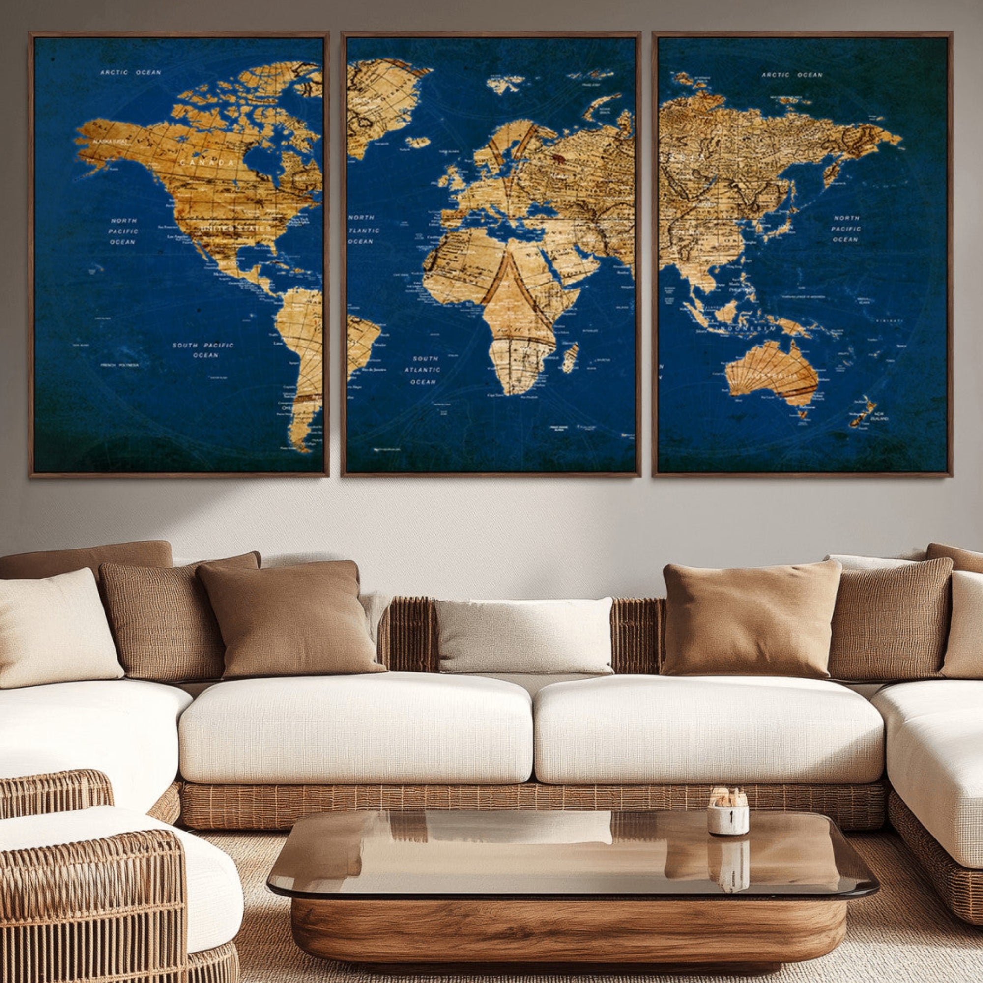 50845-MGV-CV-36X24-Navy Blue and Gold World Map Canvas Print – Framed Luxury Push Pin Wall Art, Elegant Vintage Travel Map Decor for Home or Office