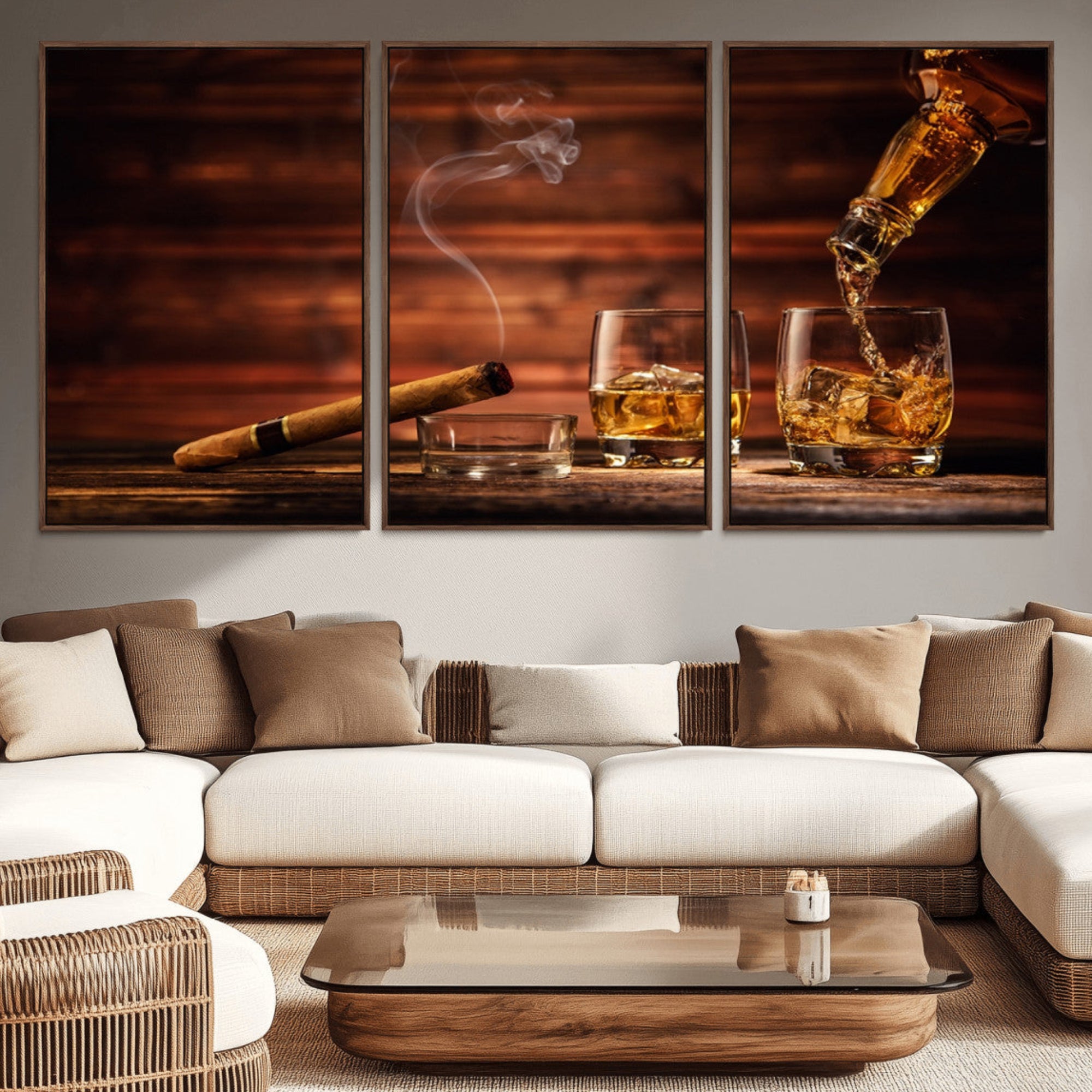 91042-MGV-CV-36X24-Whiskey and Cigar Wall Art Canvas | 3 Panel Bar Room Decor for Home Lounge, Office, or Man Cave |