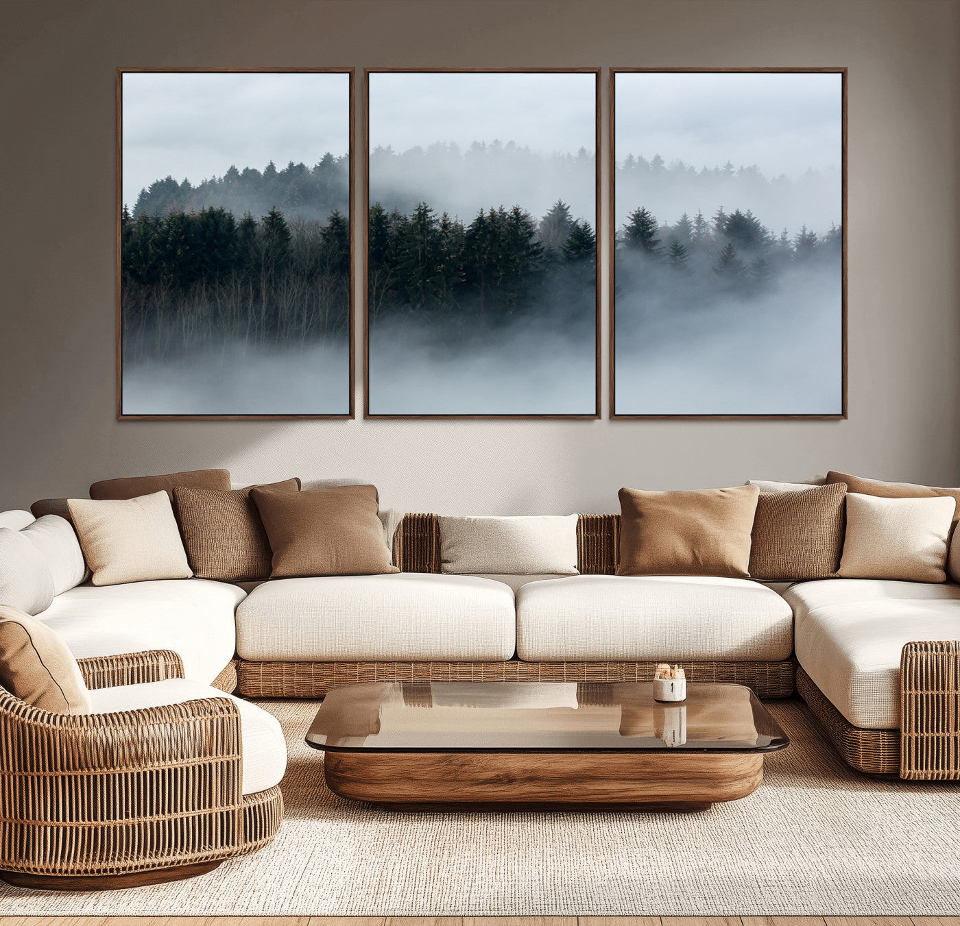 -Autumn and Misty Trees in the Forest Wall Art Canvas Print, Foggy Forest Mountain Wall Art Canvas