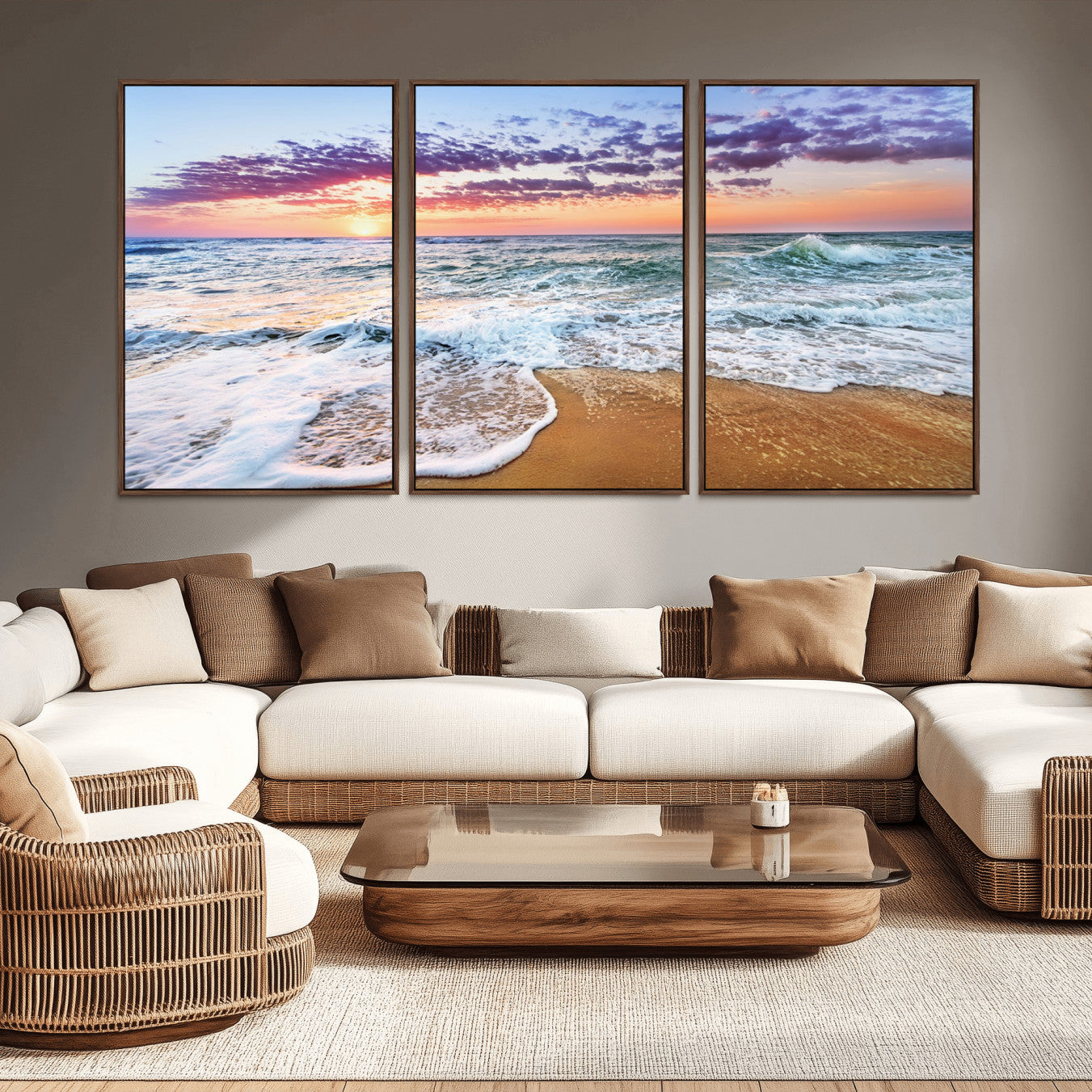 -Coastal Sunset Art Beach Canvas Wall Art Print | Ocean Waves Wall Art | Large 3-Panel Seascape for