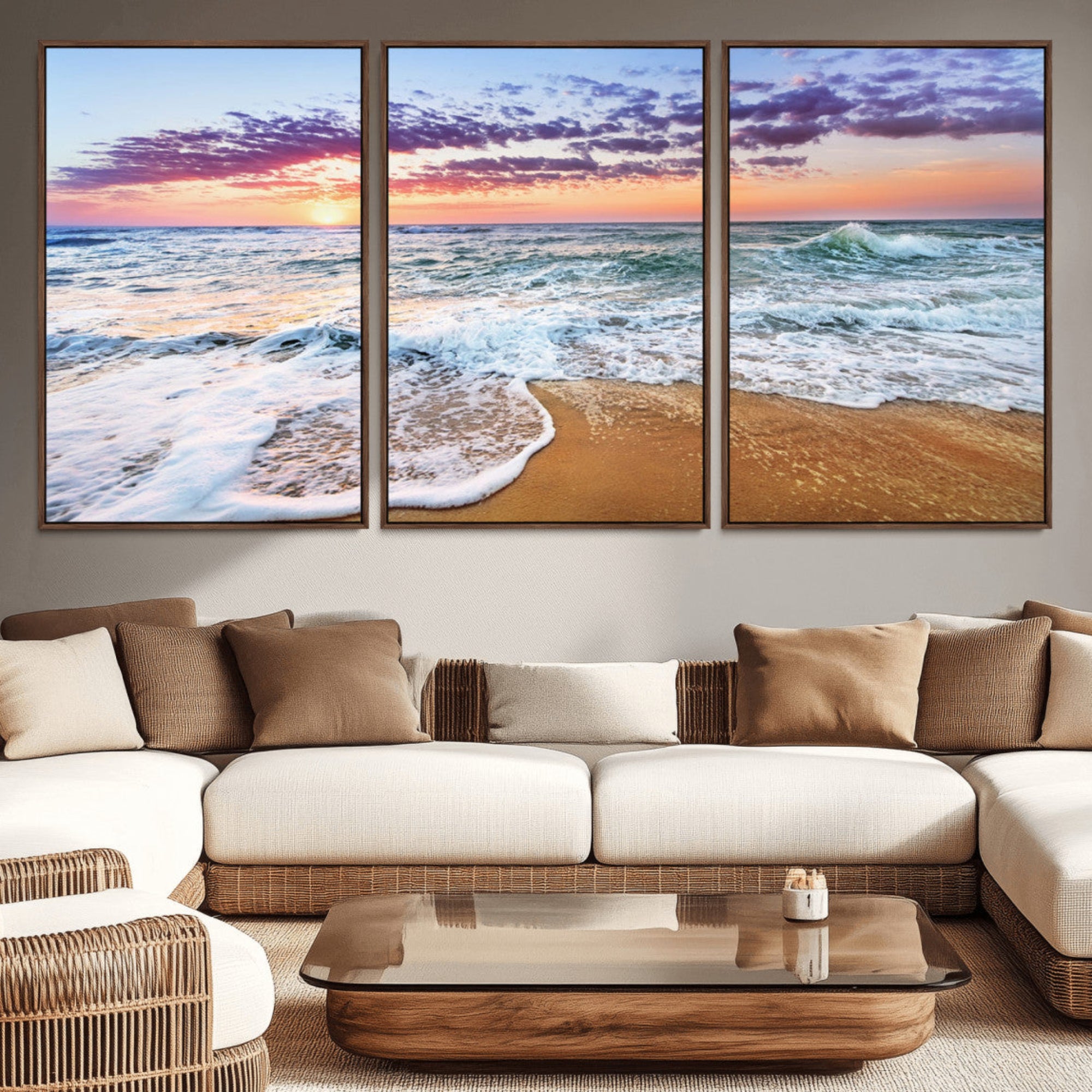 53006-MGV-CV-36X24-Coastal Sunset Art Beach Canvas Wall Art Print | Ocean Waves Wall Art | Large 3-Panel Seascape for