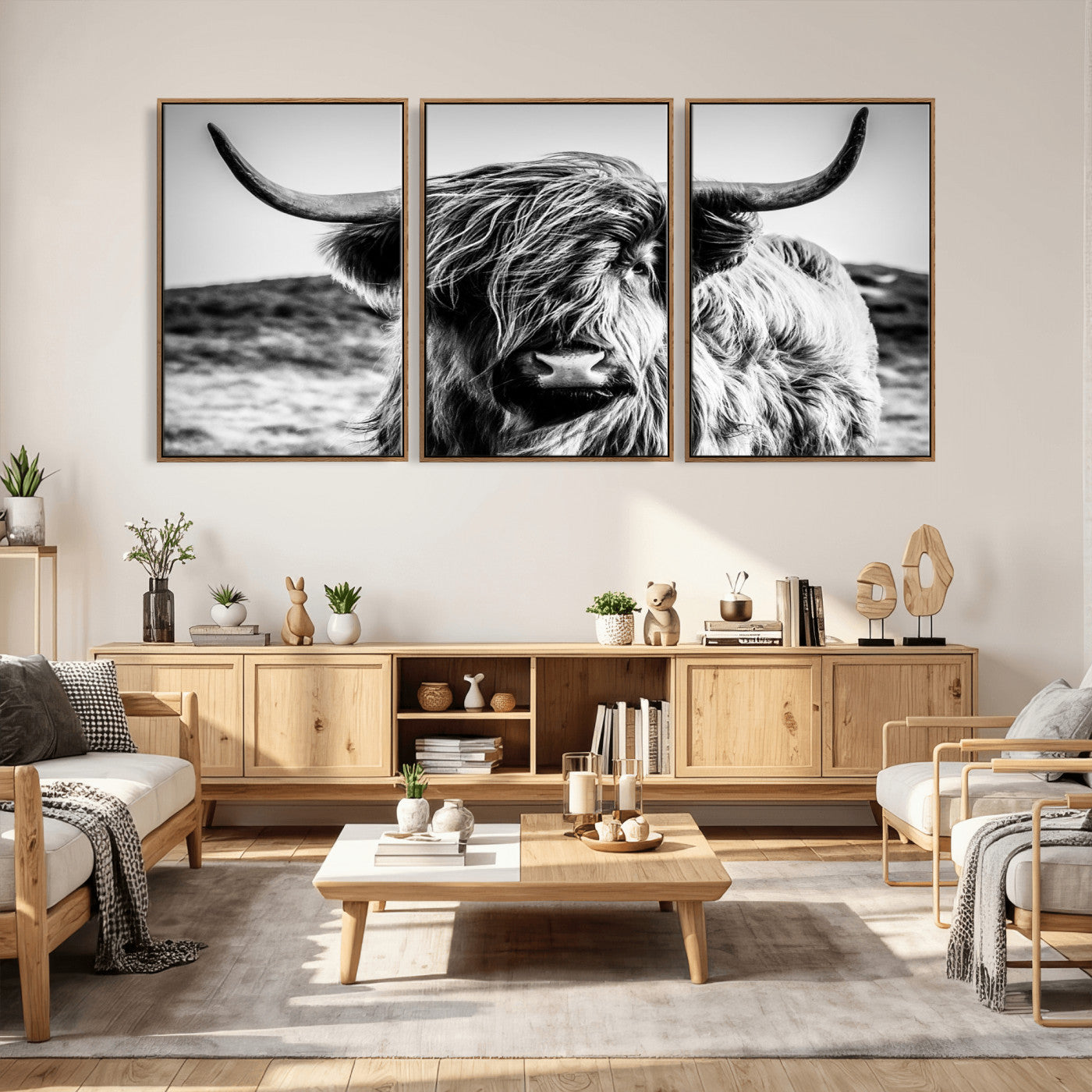 54309-MGV-CV-36X24 - Black and White Scottish Cow Canvas Wall Art Highland Cattle Canvas Print Framed Ready to Hang Original Cotton Canvas High Quality Image Multi Panel Wall Art Printable Artwork for Walls