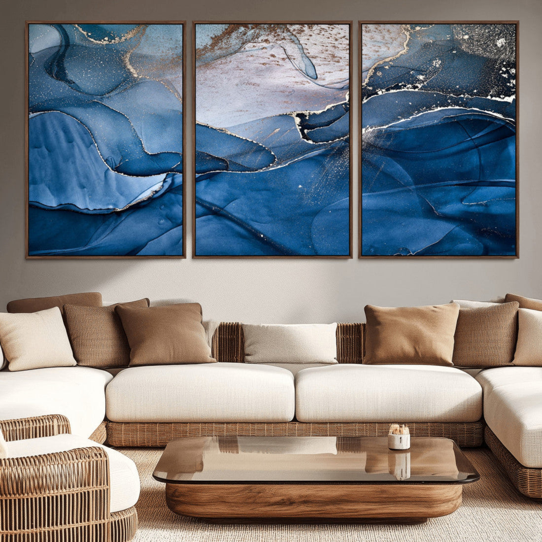 Navy Blue Canvas Art Abstract Print | Elegant Triptych Modern Art