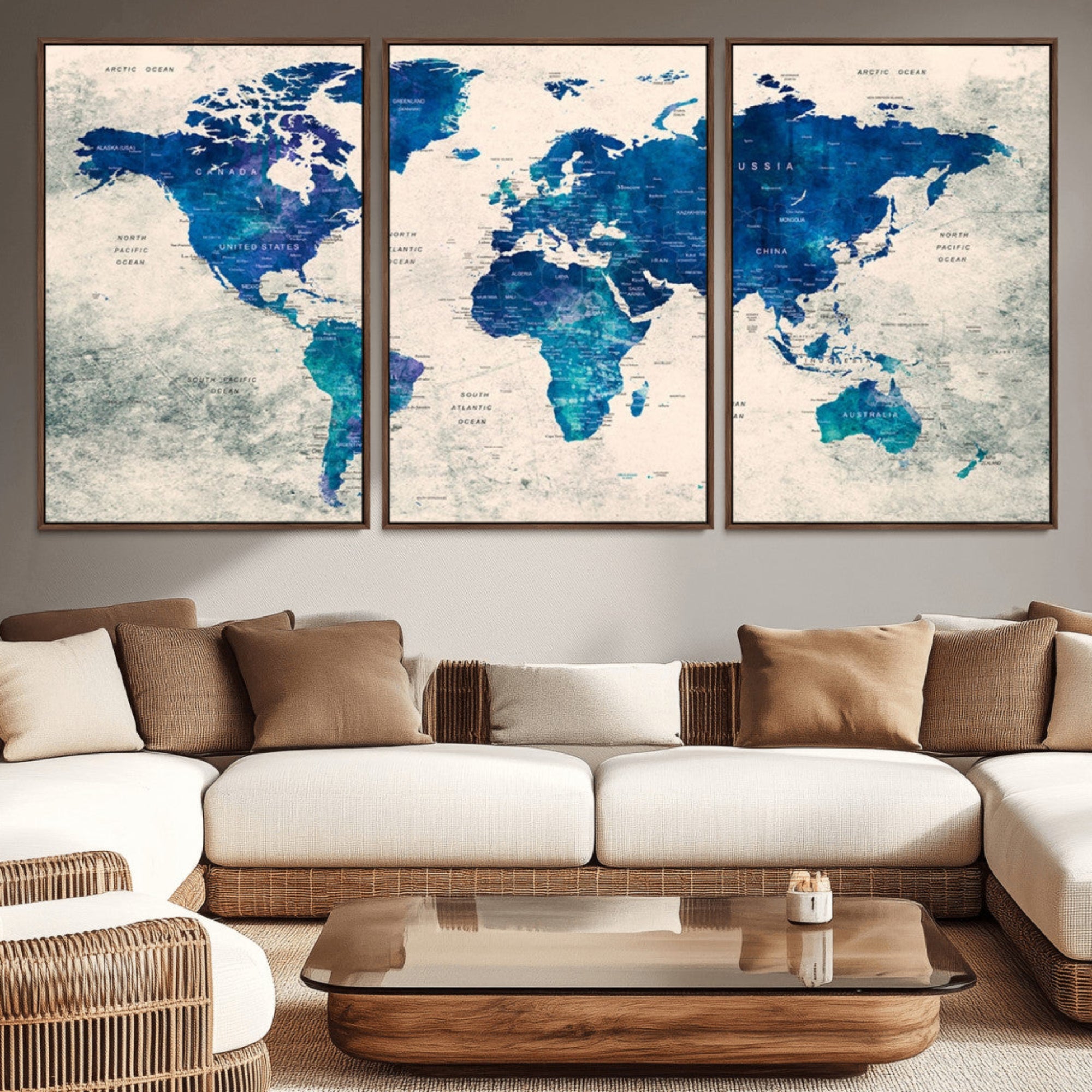 43947-MGV-CV-36X24-Blue Watercolor World Map Canvas Print – Framed Modern Wall Art, Elegant Push Pin Travel Map Decor for Home Office or Living Room