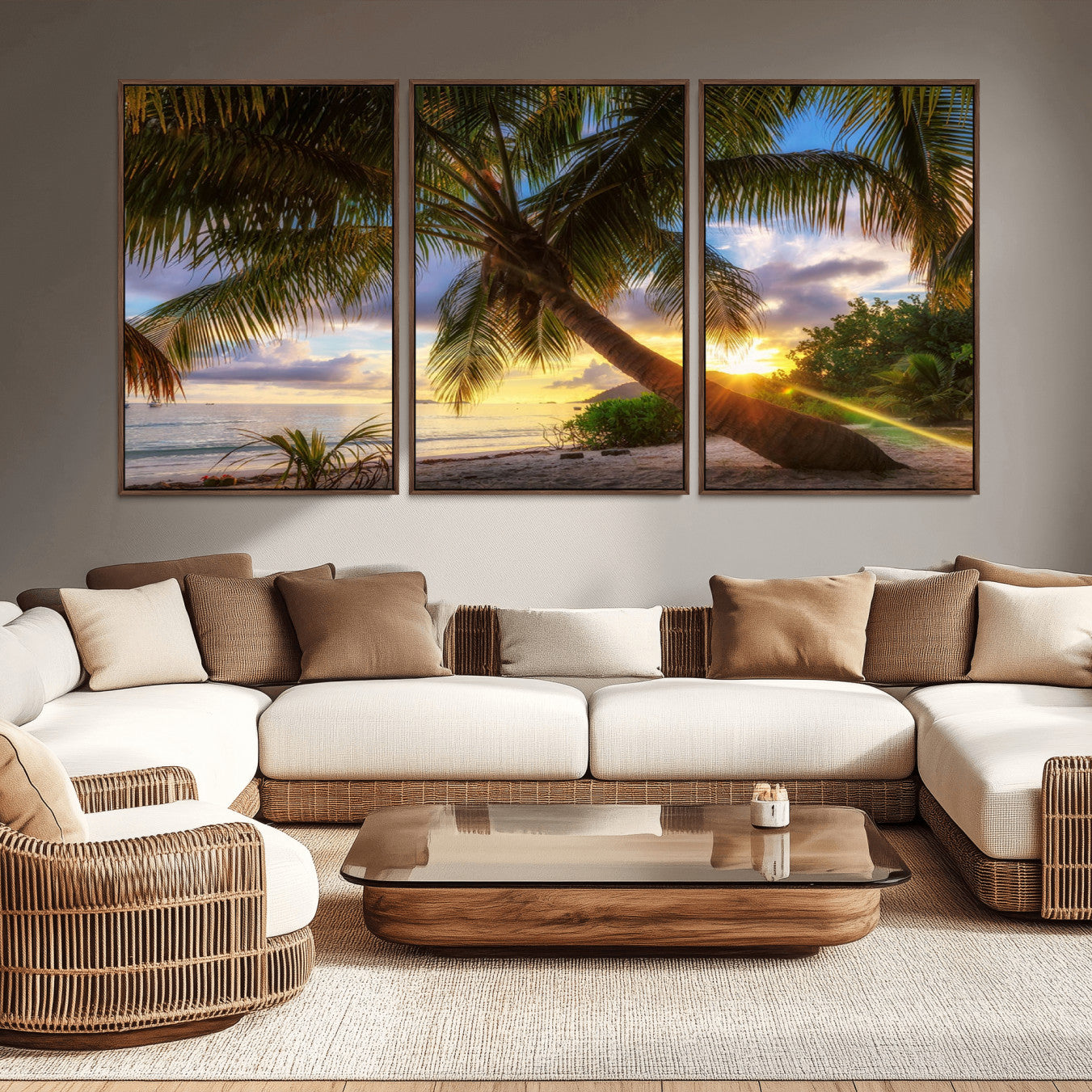 -Tropical Island Sunset on the Beach Palms Wall Art Canvas Print