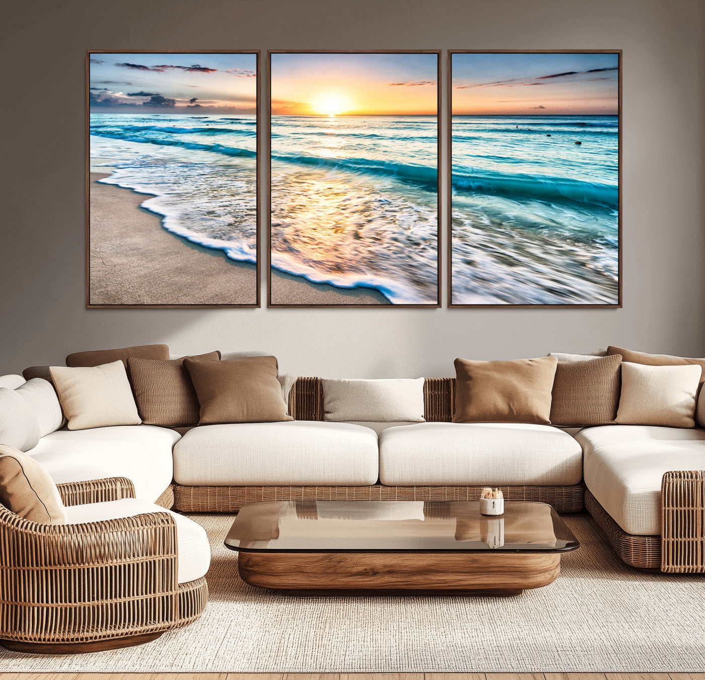 27815-MGV-CV-36X24-Sunset Beach Waves Canvas Wall Art – 5-Panel Ocean Sunset Print – Coastal Decor for Living Room or