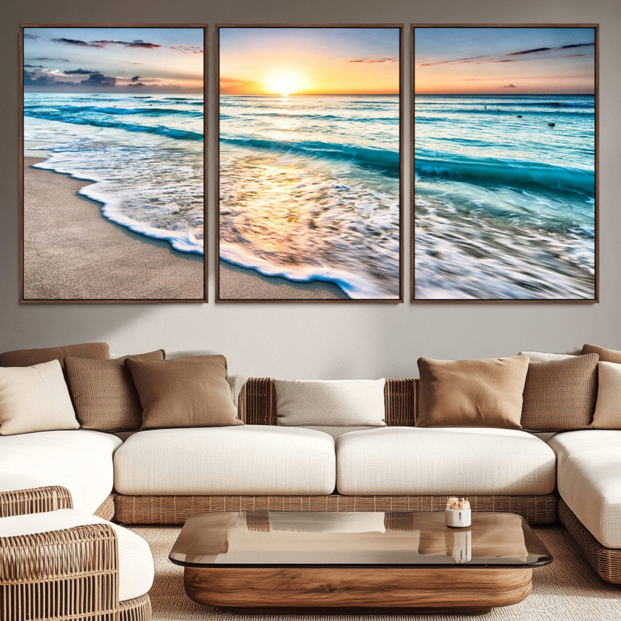 27815-MGV-CV-36X24-Sunset Beach Waves Canvas Wall Art – 5-Panel Ocean Sunset Print – Coastal Decor for Living Room or