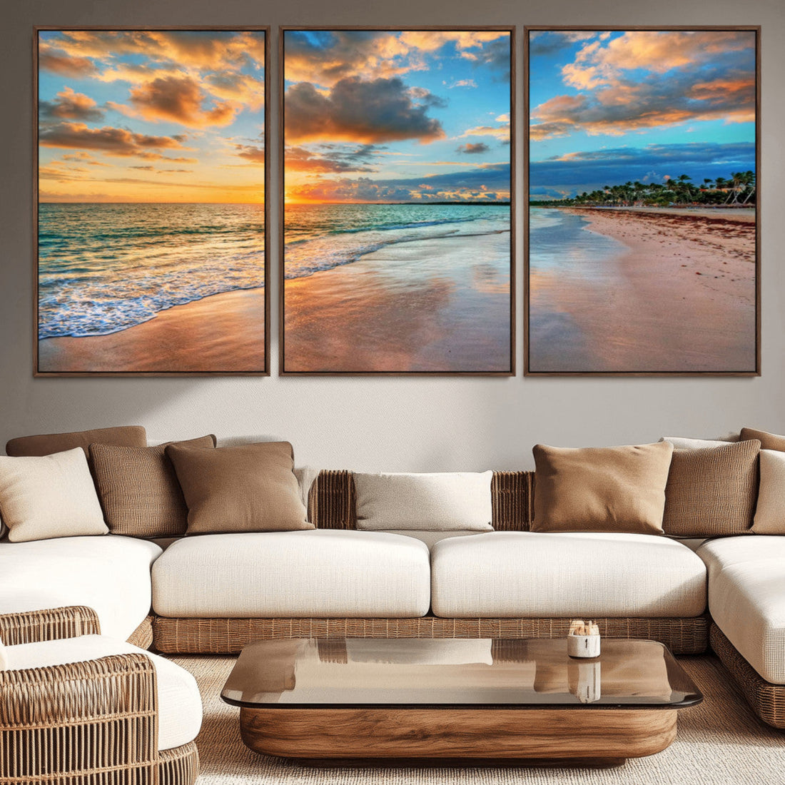 Sunset Beach Canvas Wall Art | Tropical Triptych Seascape Print