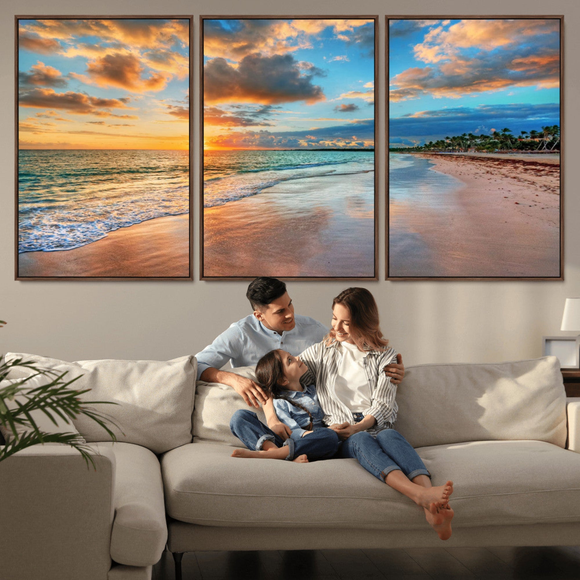 41572-MGV-CV-36X24-Sunset Ocean Waves on Tropical Beach, 3-Panel Giclee Canvas Art for Coastal Home Decor, Framed