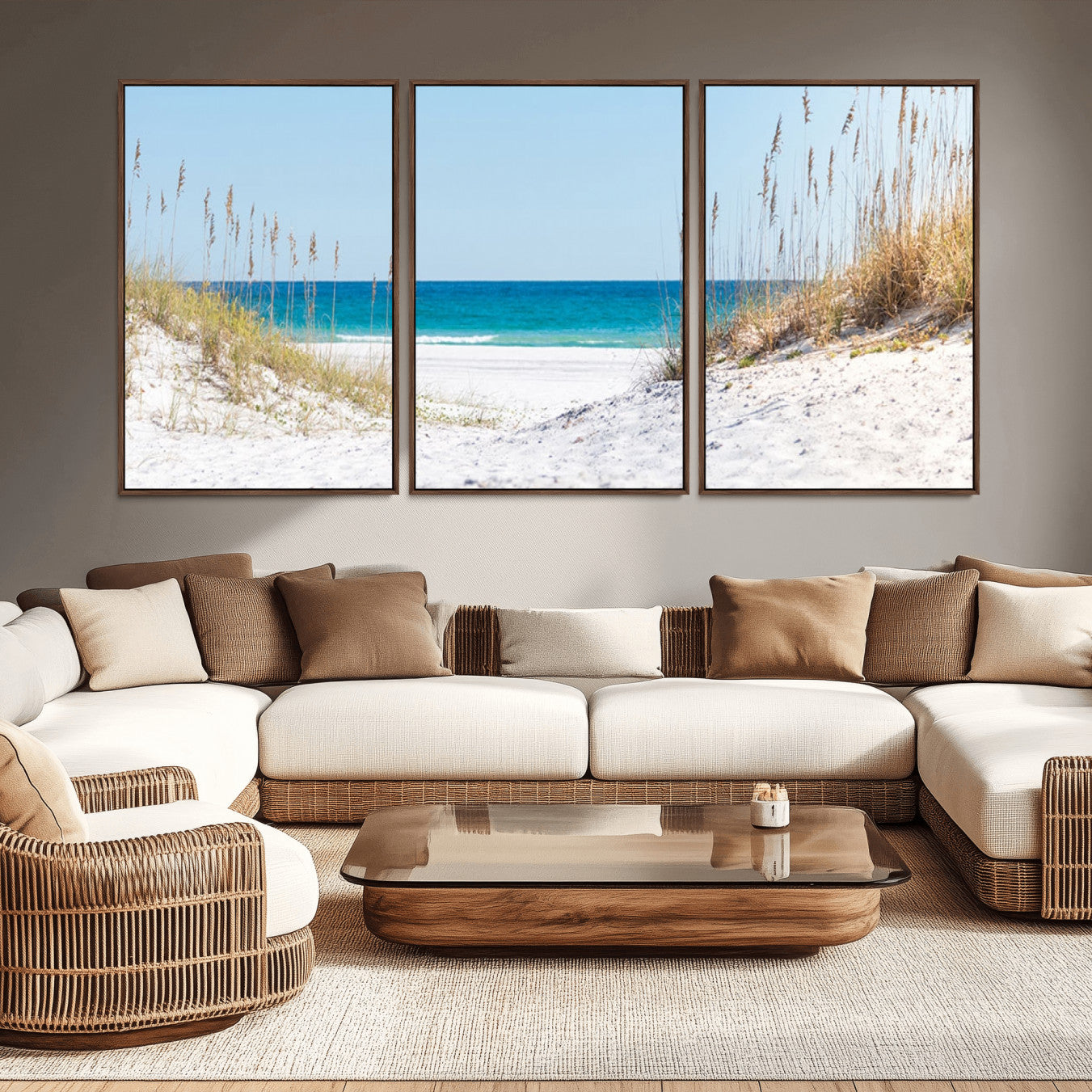 -Serene Coastal Dune Path with Ocean View, 3-Panel Beach Canvas Wall Art, Tranquil Seascape Giclee