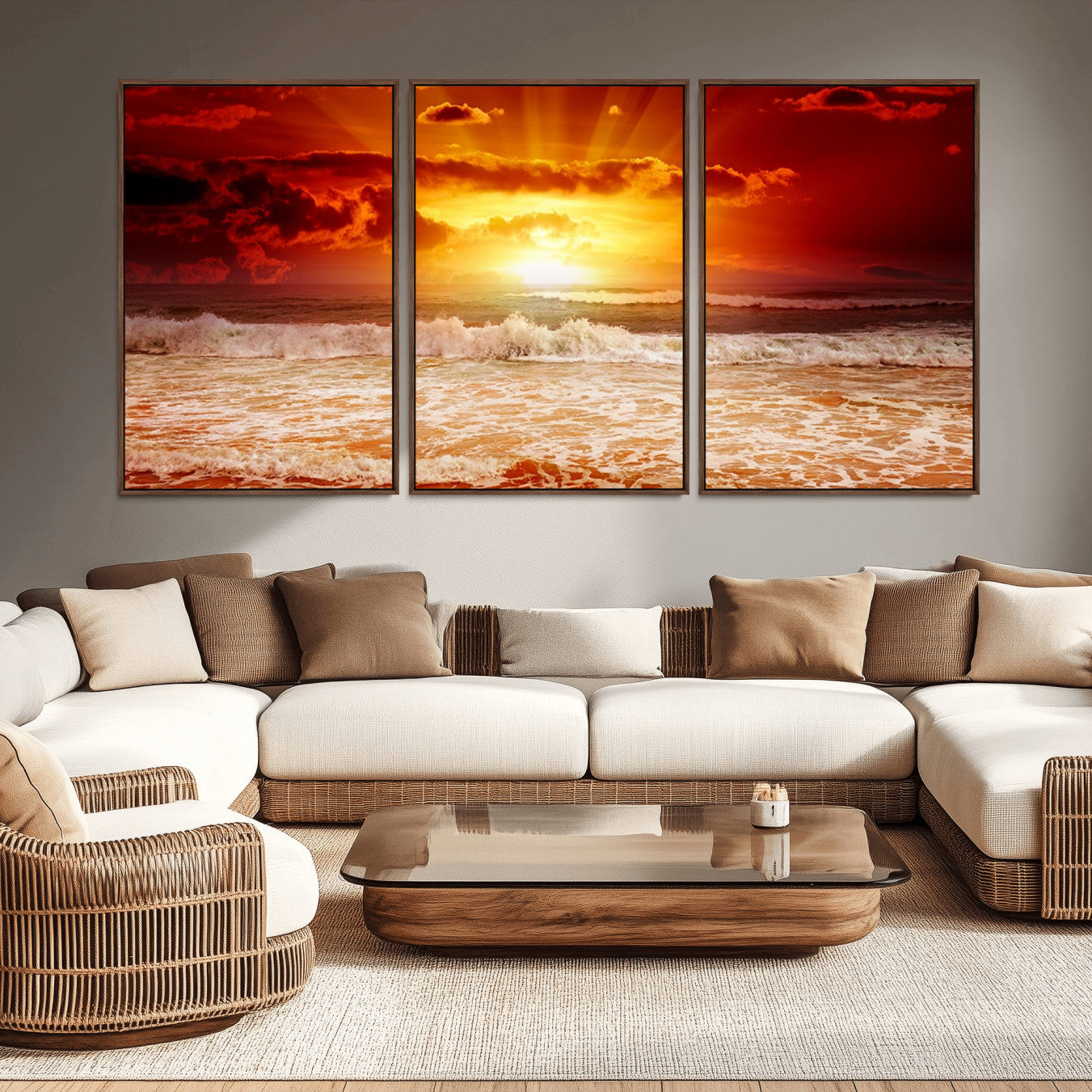 -Red Sunset Ocean Beach Canvas Wall Art Beach Canvas, Coastal Sunset Print