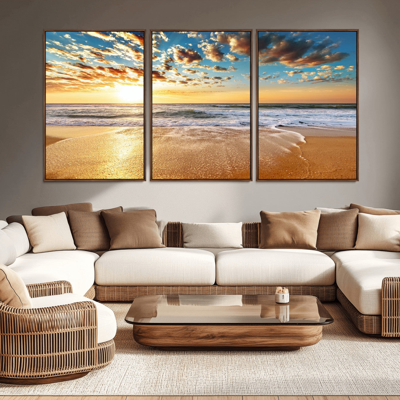 -Golden Sunset Beach Print Canvas Wall Art, Giclee Canvas Print with Canon Print Quality, Triptych