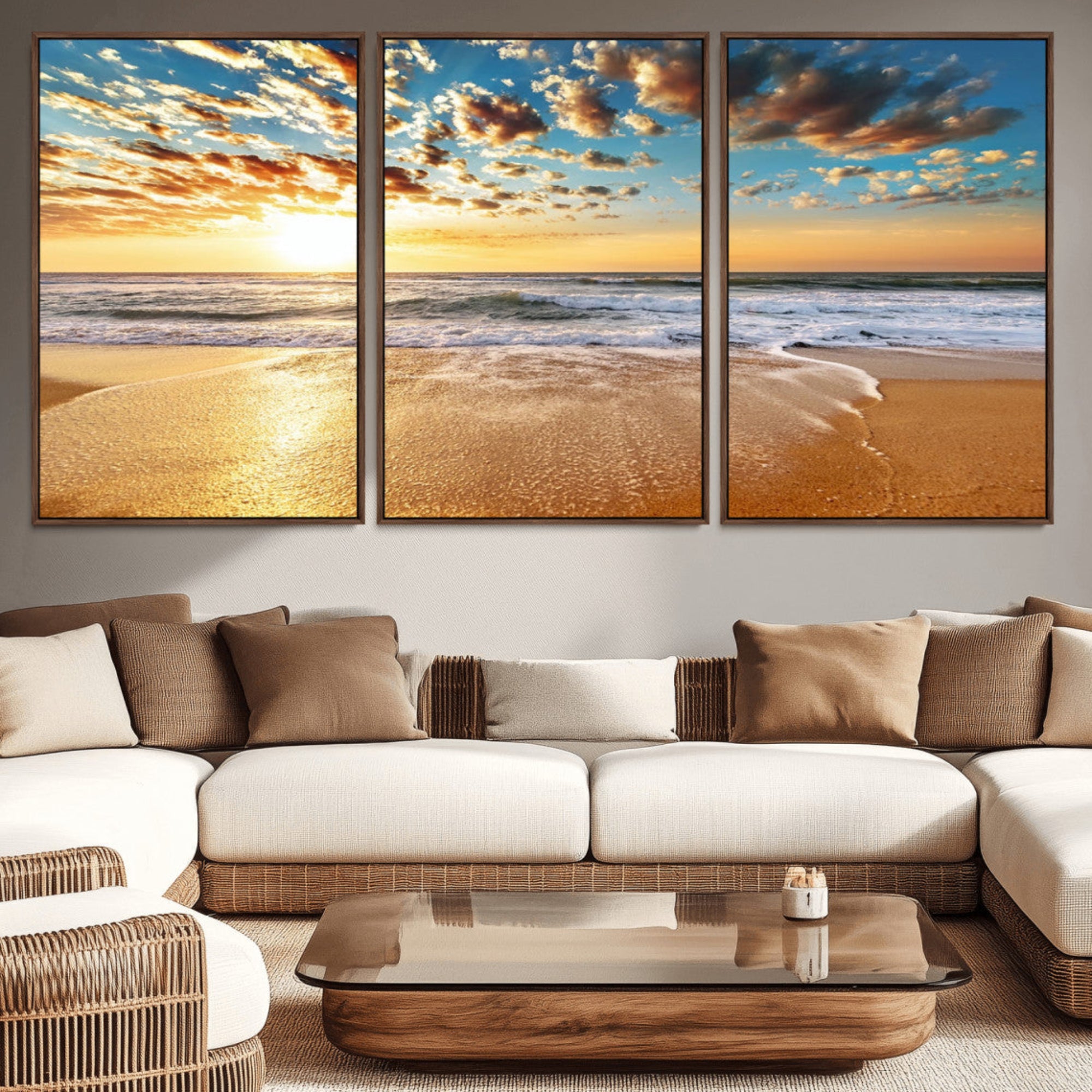 30822-MGV-CV-36X24-Golden Sunset Beach Print Canvas Wall Art, Giclee Canvas Print with Canon Print Quality, Triptych