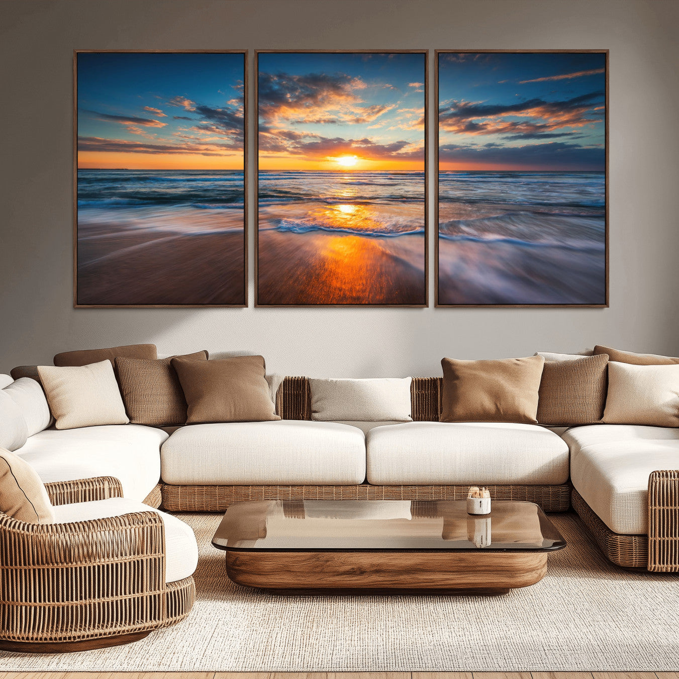 -Sunset on the Ocean Beach with Waves, Reflections on Sand, Coastal Wall Art Print, Beach Wall Art,