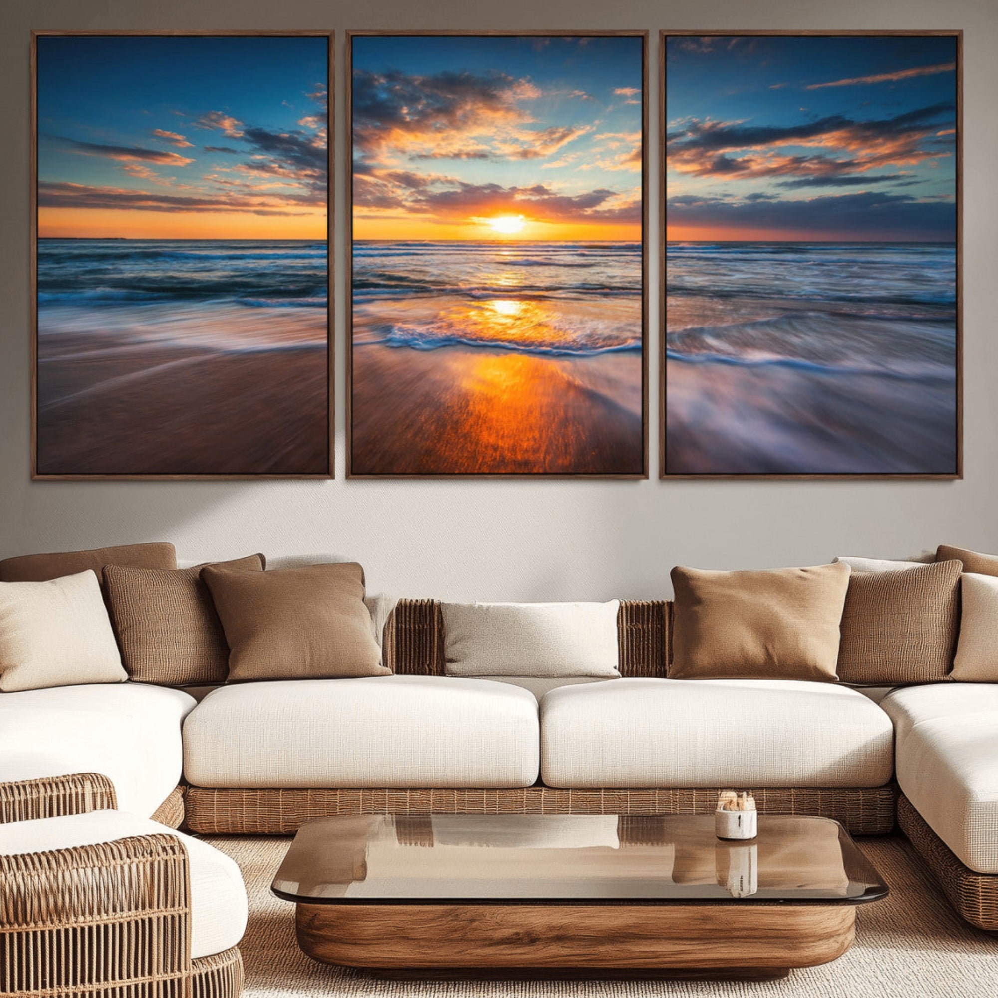 72719-MGV-CV-36X24-Sunset on the Ocean Beach with Waves, Reflections on Sand, Coastal Wall Art Print, Beach Wall Art,