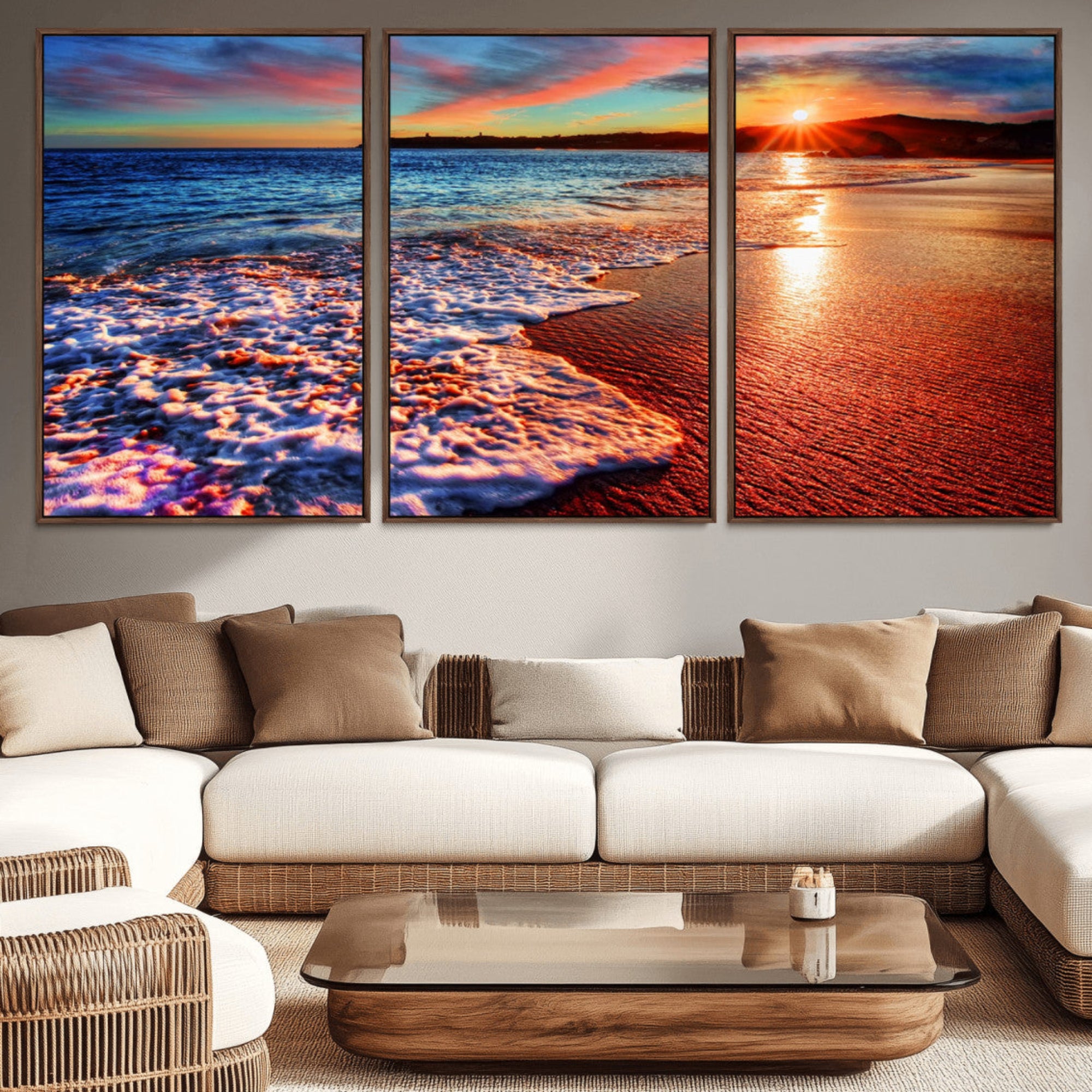 47729-MGV-CV-36X24-Colorful Coastal Sunset on the Beach Canvas Print, Ocean Waves Crashing at Dusk, Multi-Panel