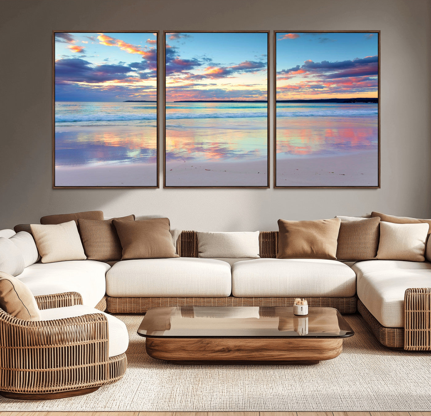 -Tranquil Pastel Sunset Beach Triptych Canvas Art, Soothing Coastal Ocean Shoreline Giclee Print,