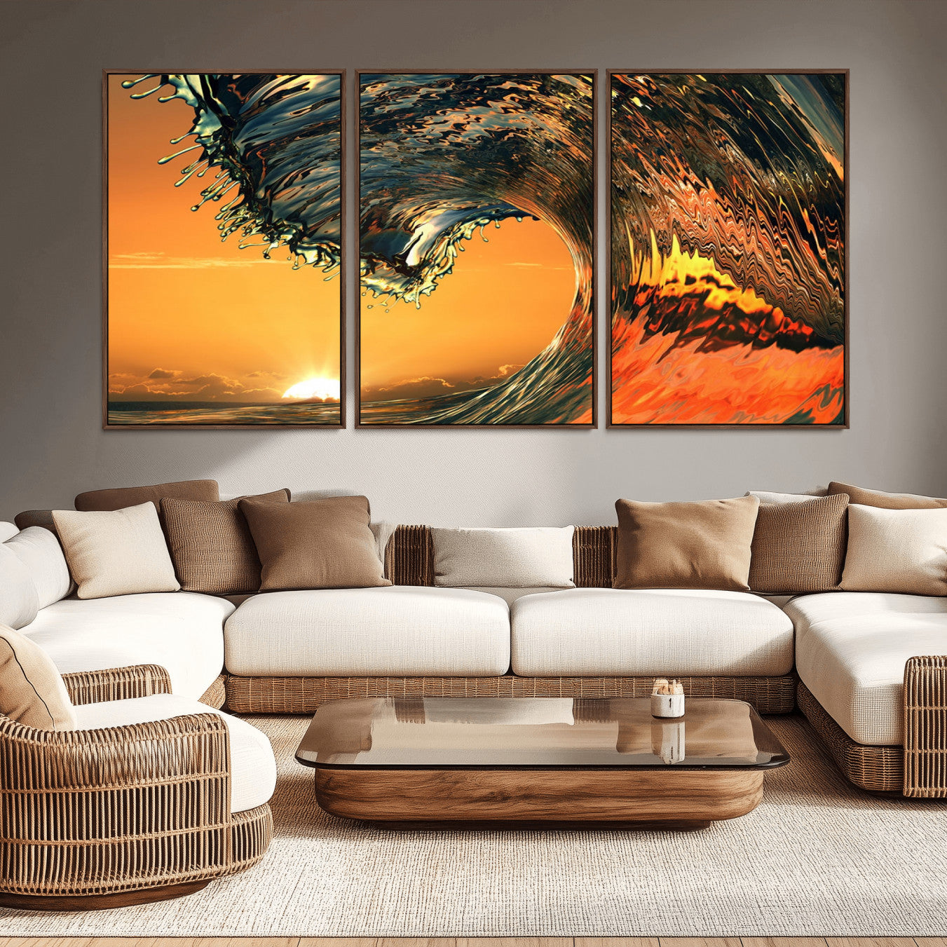 -Surf Wave Sunset Canvas Wall Art Print, 3-Panel Ocean Coastal Wall Art Print, Ocean Decor for