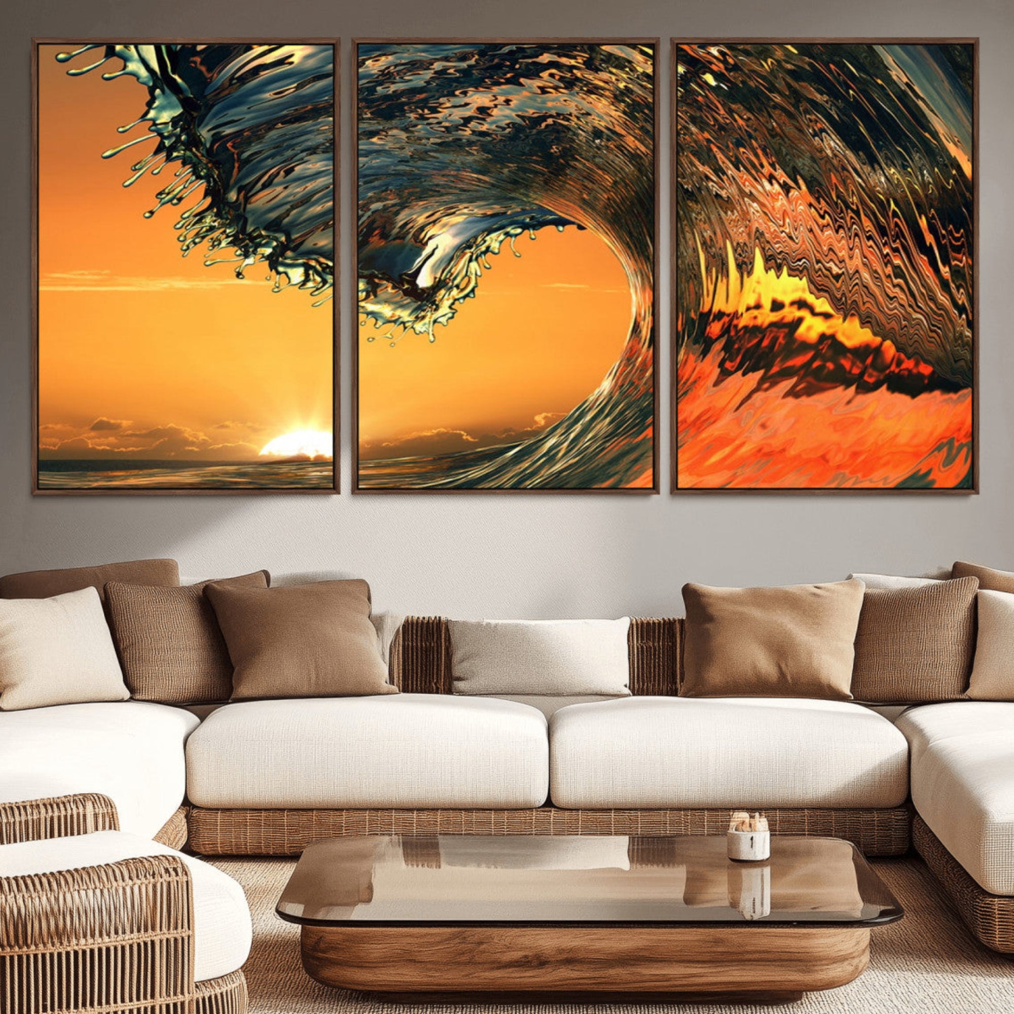 96977-MGV-CV-36X24-Surf Wave Sunset Canvas Wall Art Print, 3-Panel Ocean Coastal Wall Art Print, Ocean Decor for