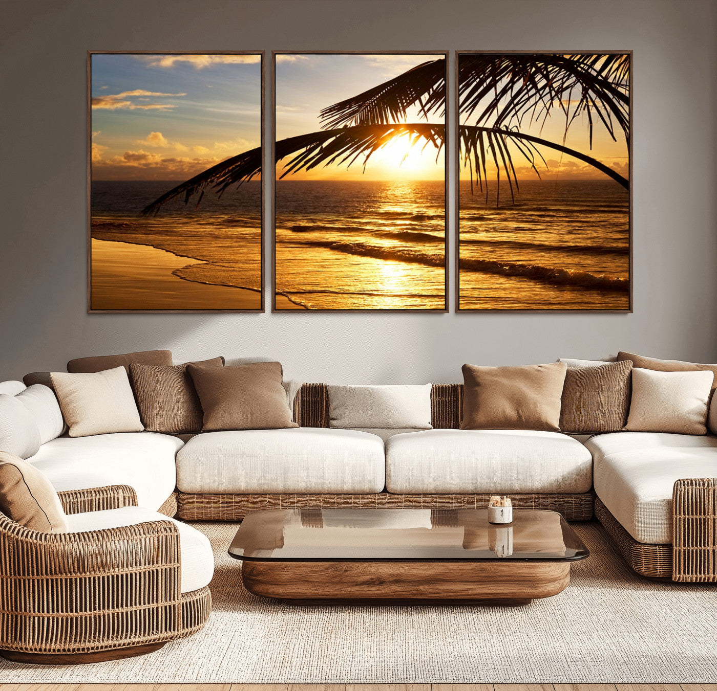-Golden Tropical Beach Sunset Canvas Triptych, Coastal Palm Tree Wall Art, Ocean Shoreline Giclee