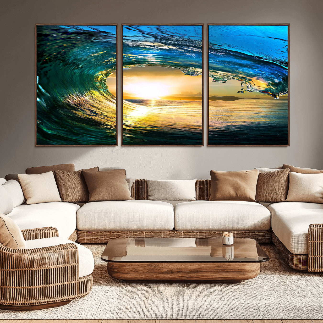 -Ocean Wave at Sunset Canvas Art, Large Wall Print of Vibrant Water Waves, Coastal Art for Living