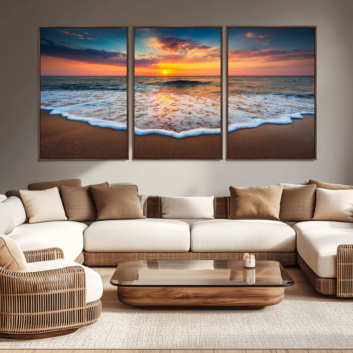 -Sunset Beach Canvas Wall Art – Colorful Ocean Waves Triptych – Coastal Decor for Living Room or