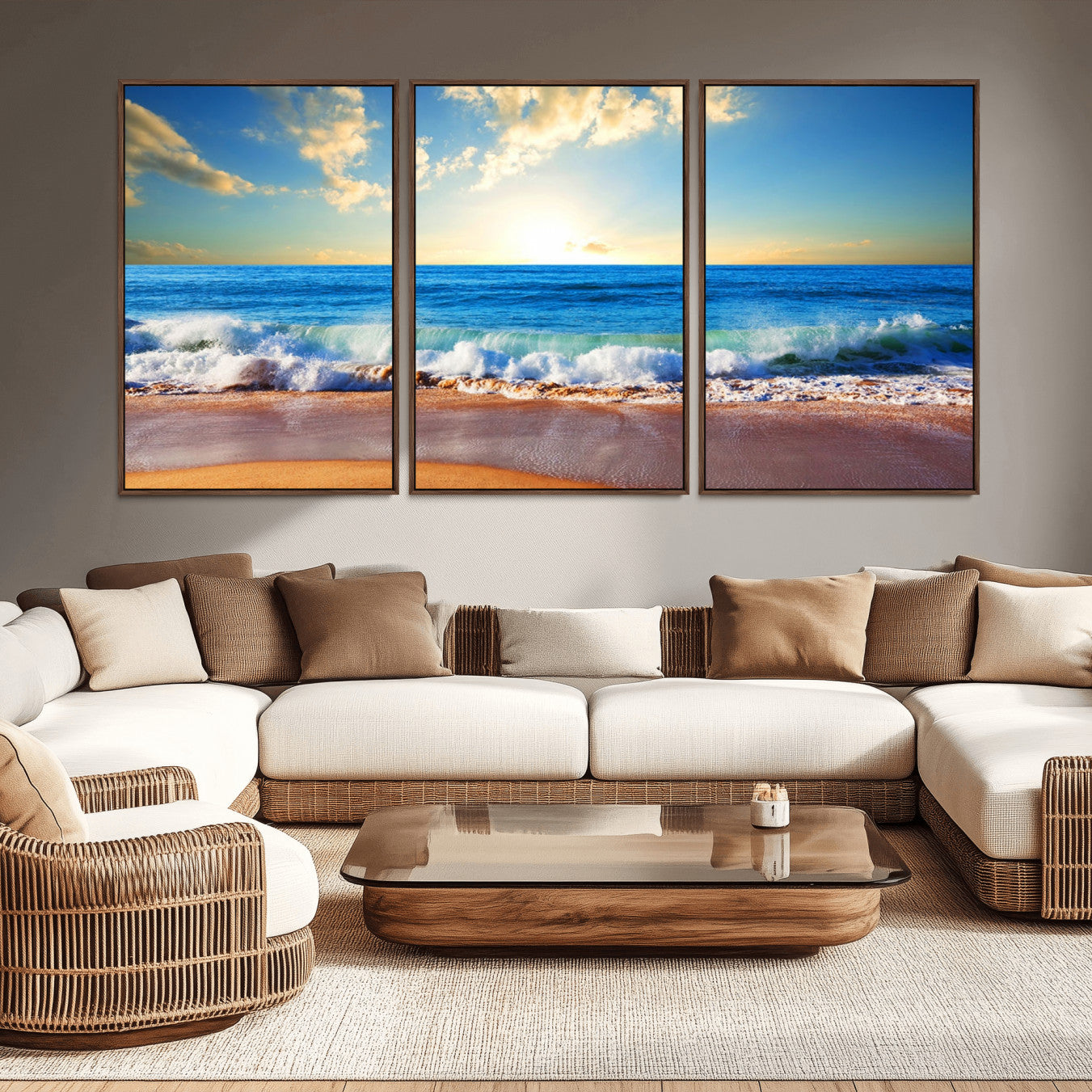 -Tropical Beach Sunset Canvas Art, Ocean Waves and Sandy Shoreline Wall Art, Large Beach Decor for