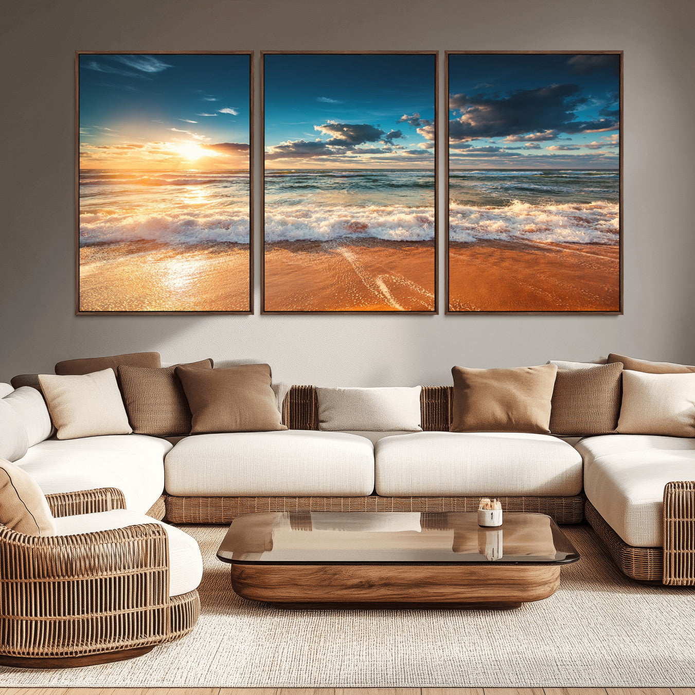 -Golden Sunset Beach Triptych Canvas Art, Giclee Coastal Wall Decor, Ocean Waves Print, Modern Beach