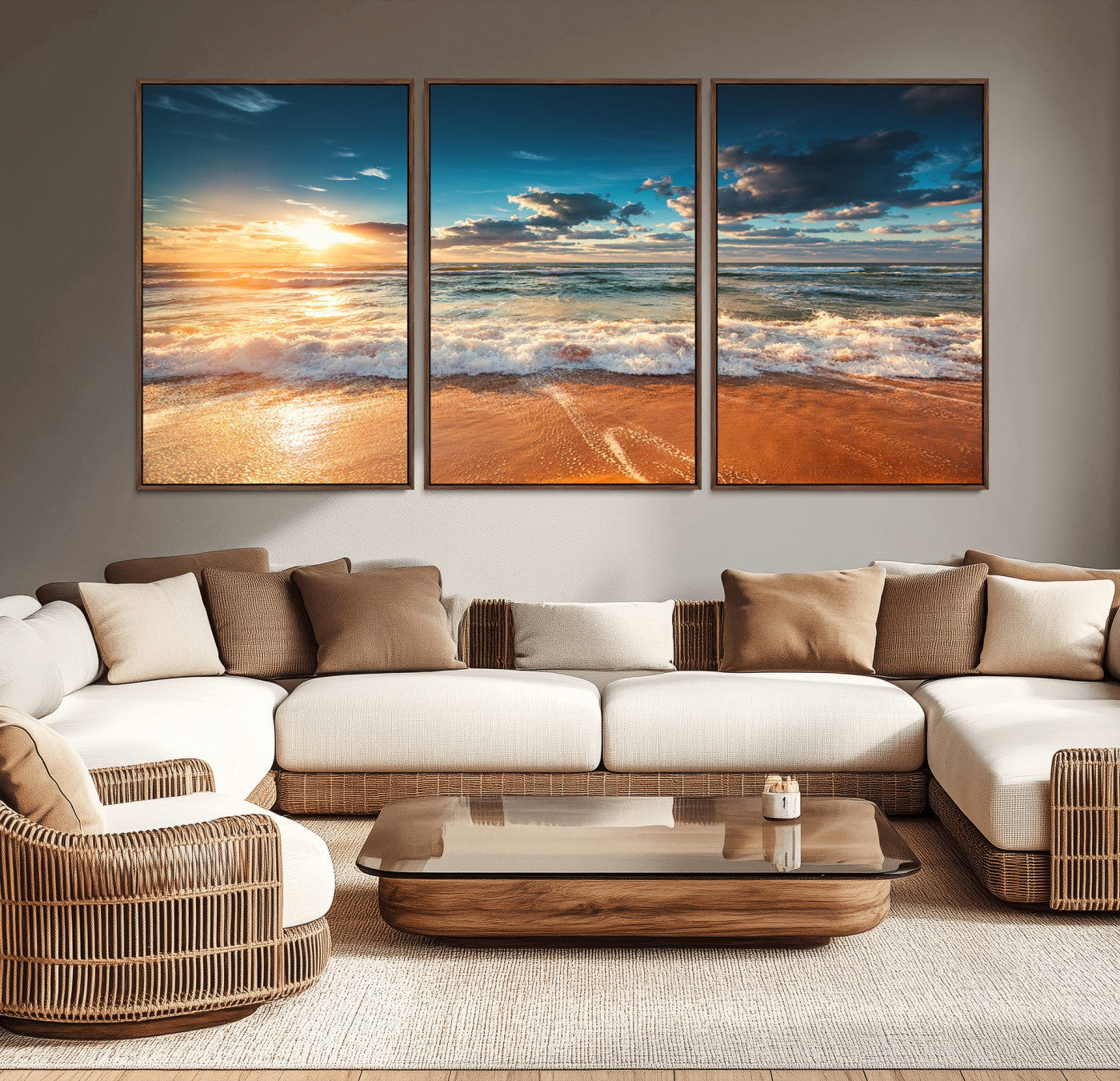 -Golden Sunset Beach Triptych Canvas Art, Giclee Coastal Wall Decor, Ocean Waves Print, Modern Beach