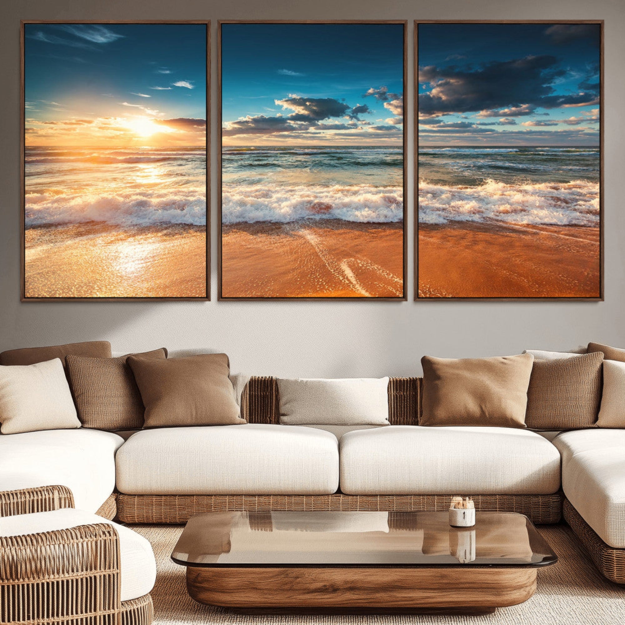 35648-MGV-CV-36X24-Golden Sunset Beach Triptych Canvas Art, Giclee Coastal Wall Decor, Ocean Waves Print, Modern Beach