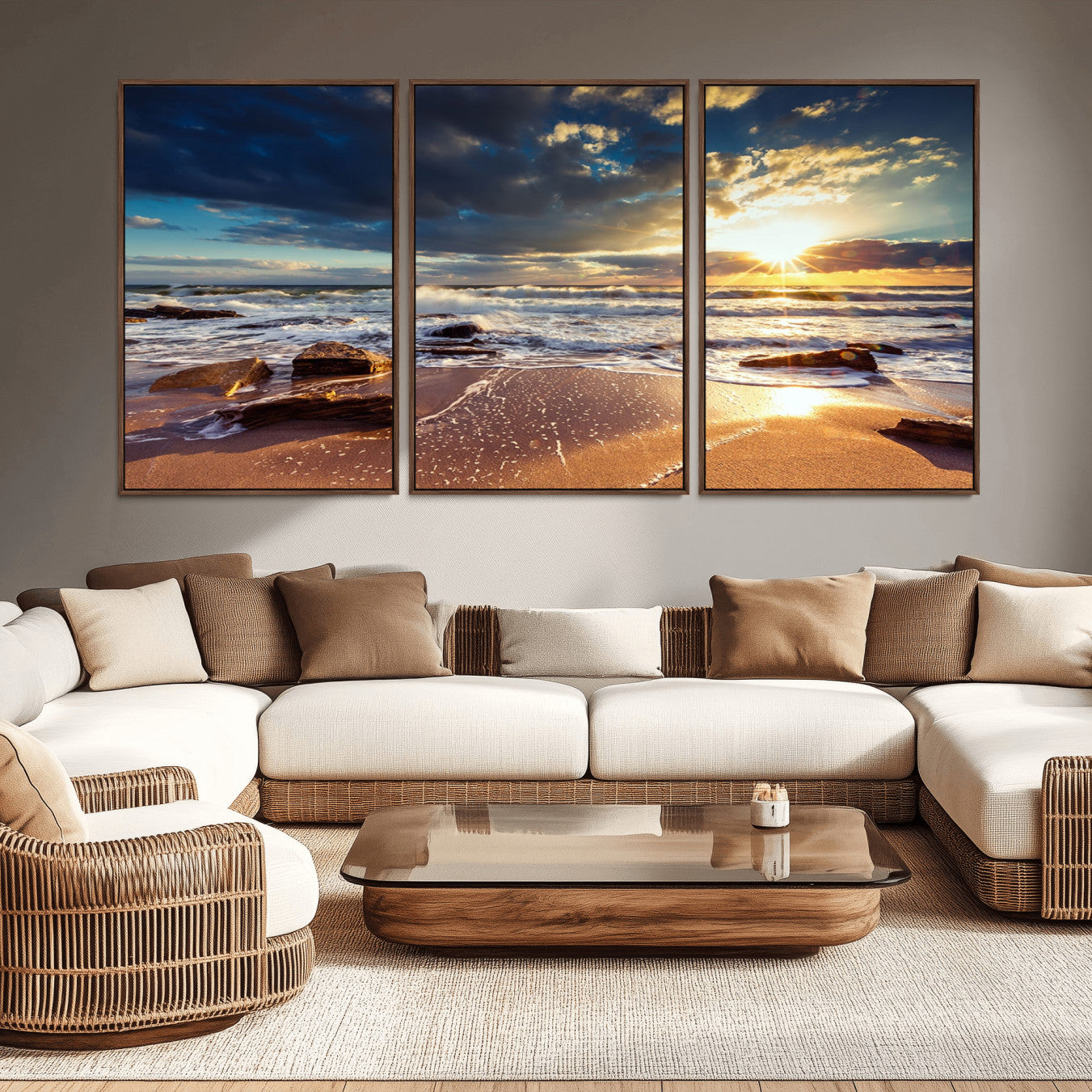 -Golden Hour Beach Sunset Canvas Triptych, Ocean Waves and Rocks Wall Art for Coastal Home Decor