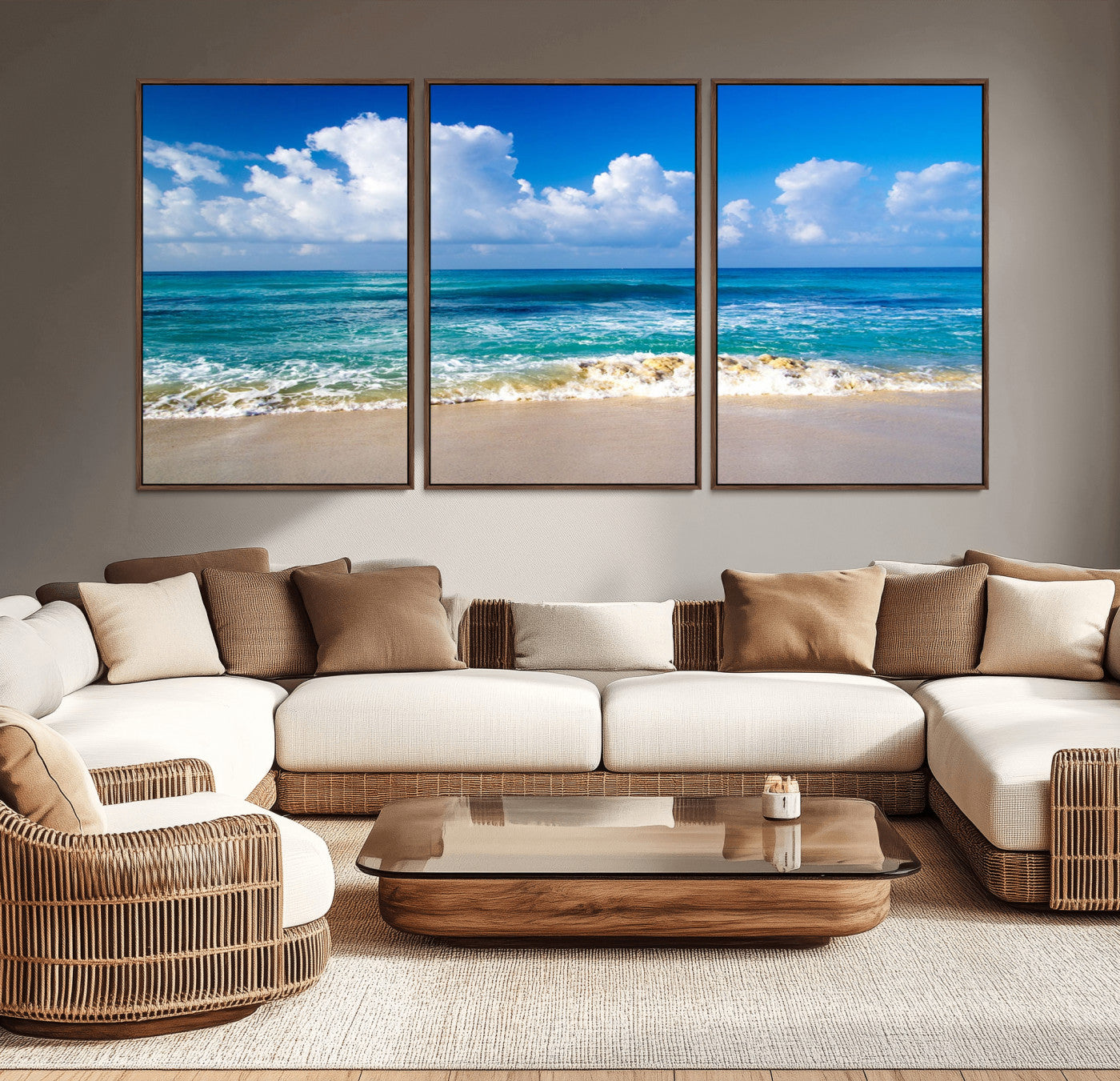 -Tropical Beach 3-Panel Canvas Wall Art – Serene Ocean Waves and Blue Sky Wall Art Print