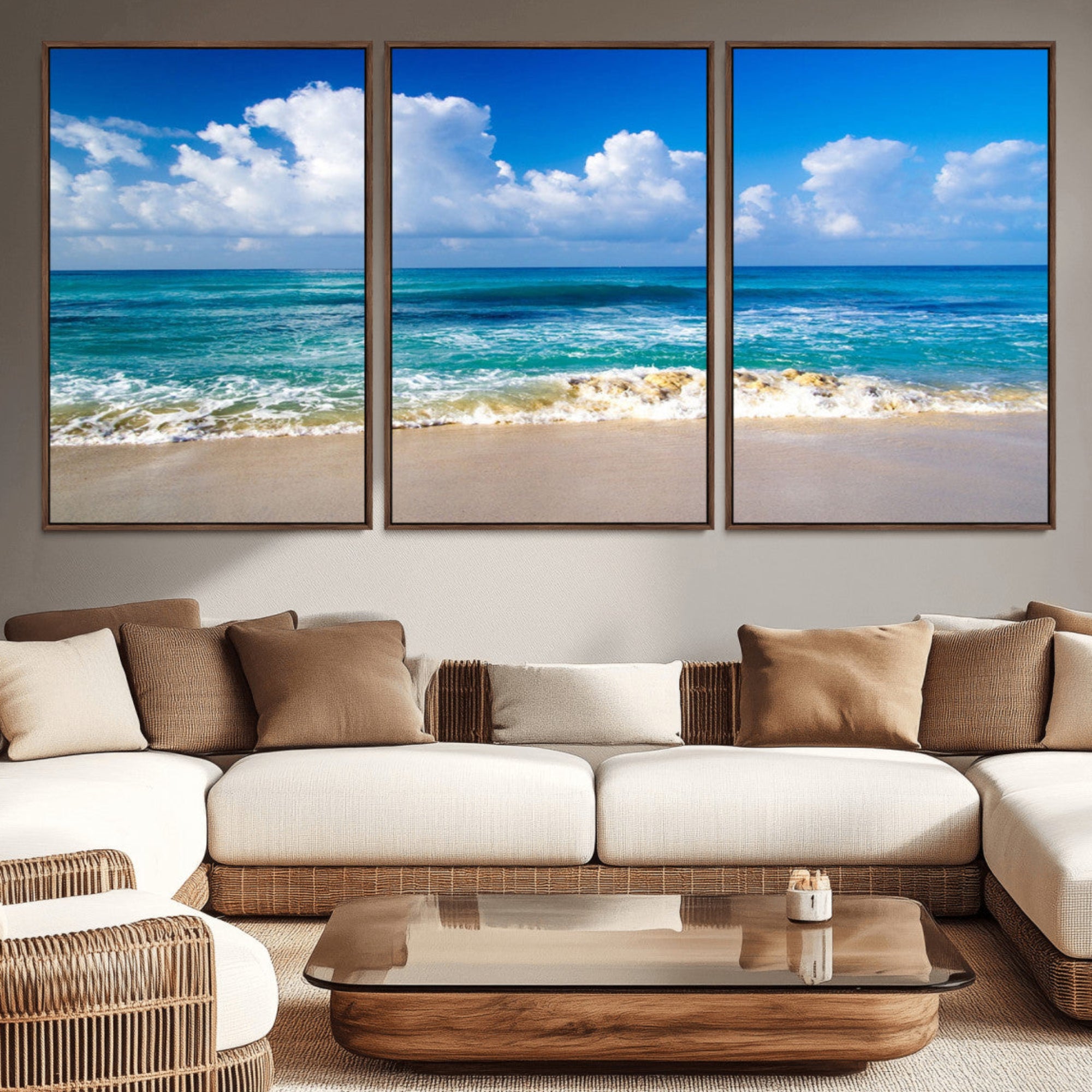 60364-MGV-CV-36X24-Tropical Beach 3-Panel Canvas Wall Art – Serene Ocean Waves and Blue Sky Wall Art Print