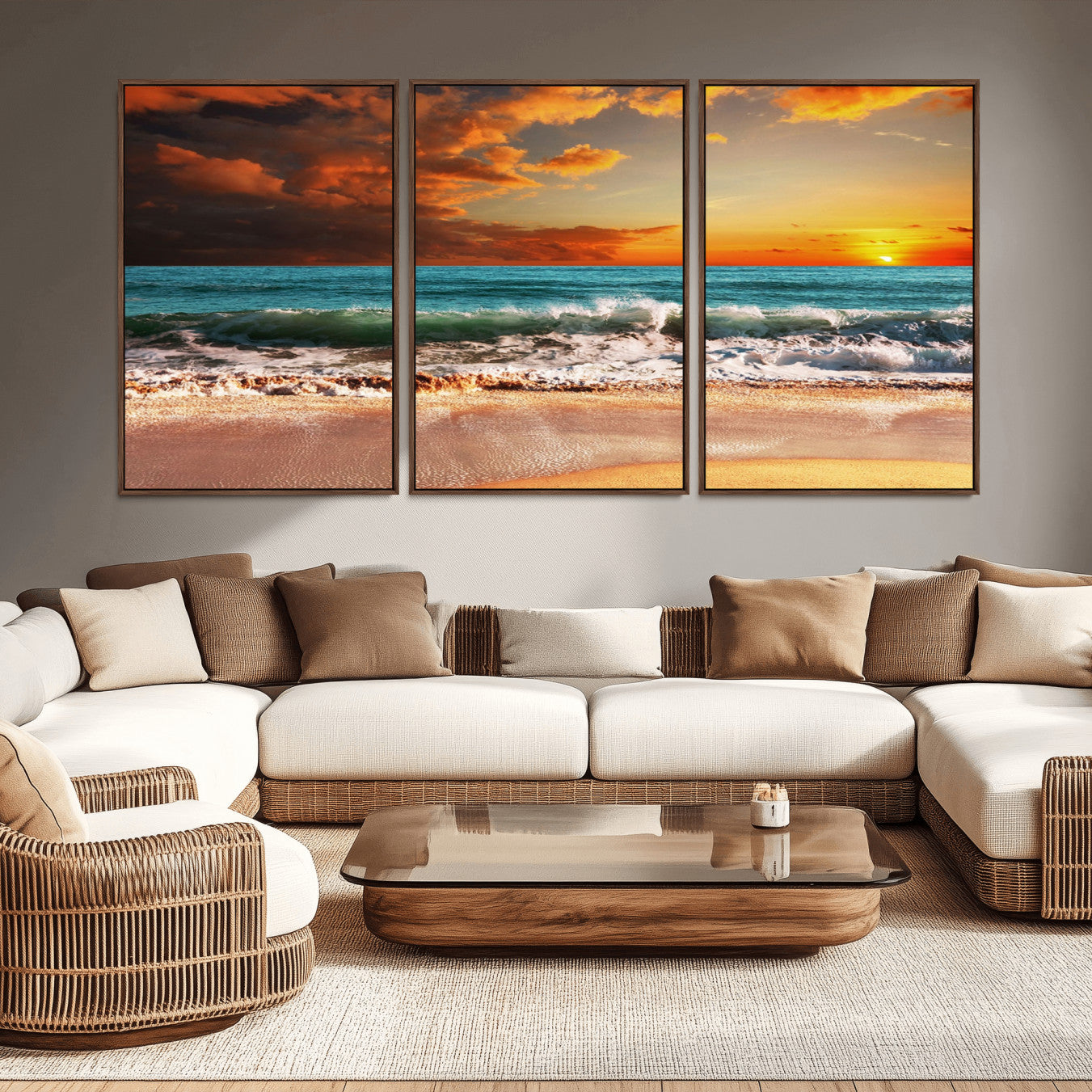 -Golden Sunset Beach Canvas Wall Art – Triptych Seascape Print – Framed and Ready to Hang for Living