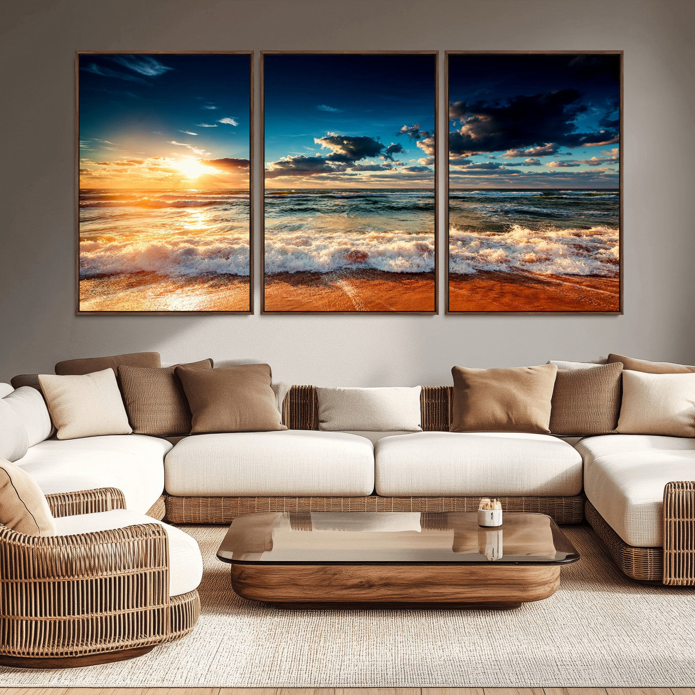 -Golden Hour Sunset Over Ocean Waves Wall Art Canvas Print | 3 Panel Coastal Landscape Canvas Wall