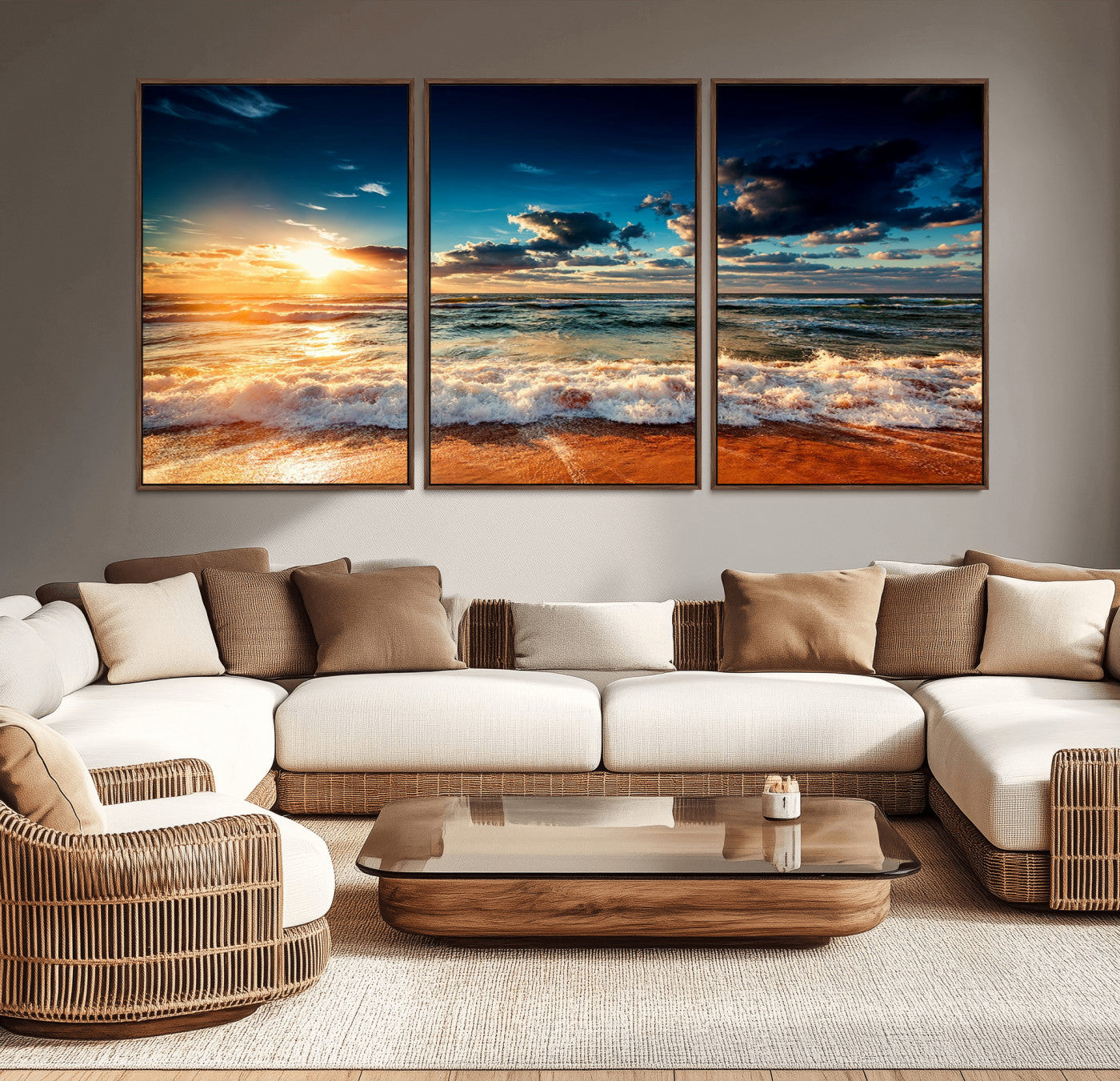 -Golden Hour Sunset Over Ocean Waves Wall Art Canvas Print | 3 Panel Coastal Landscape Canvas Wall