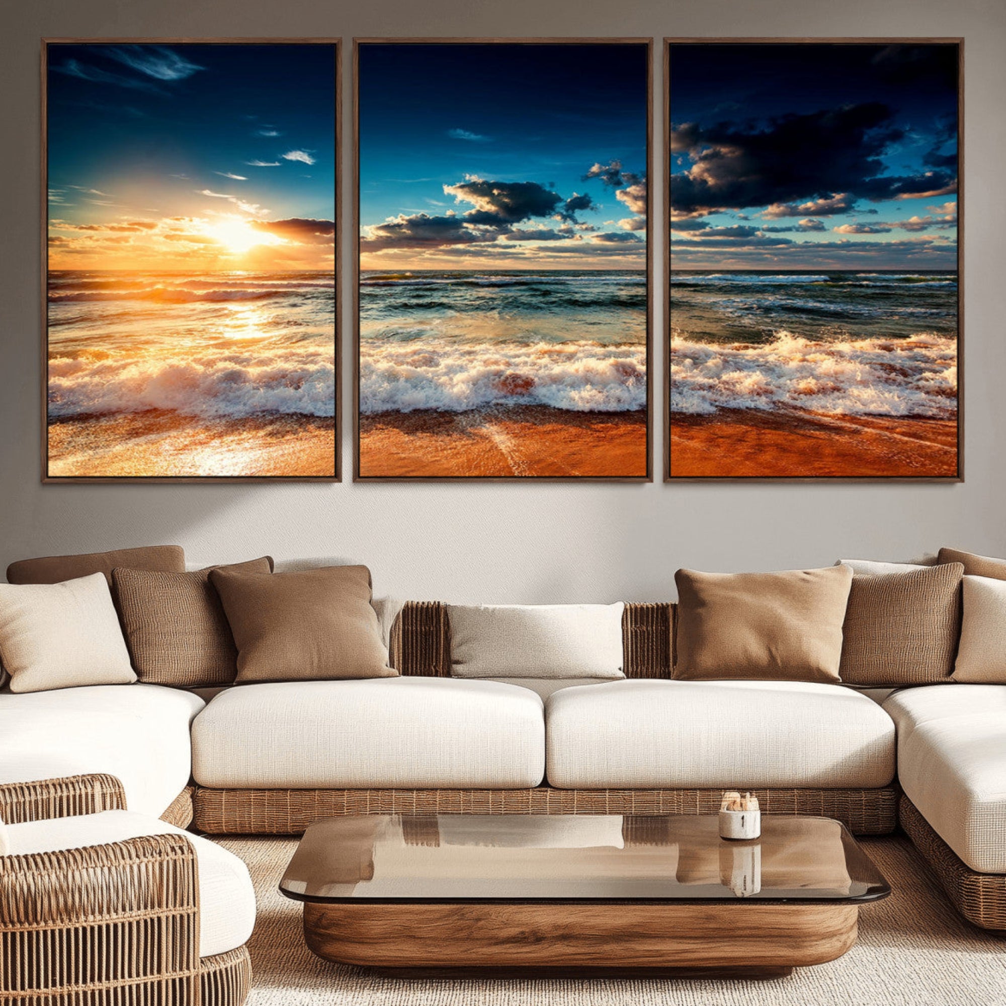 26996-MGV-CV-36X24-Golden Hour Sunset Over Ocean Waves Wall Art Canvas Print | 3 Panel Coastal Landscape Canvas Wall