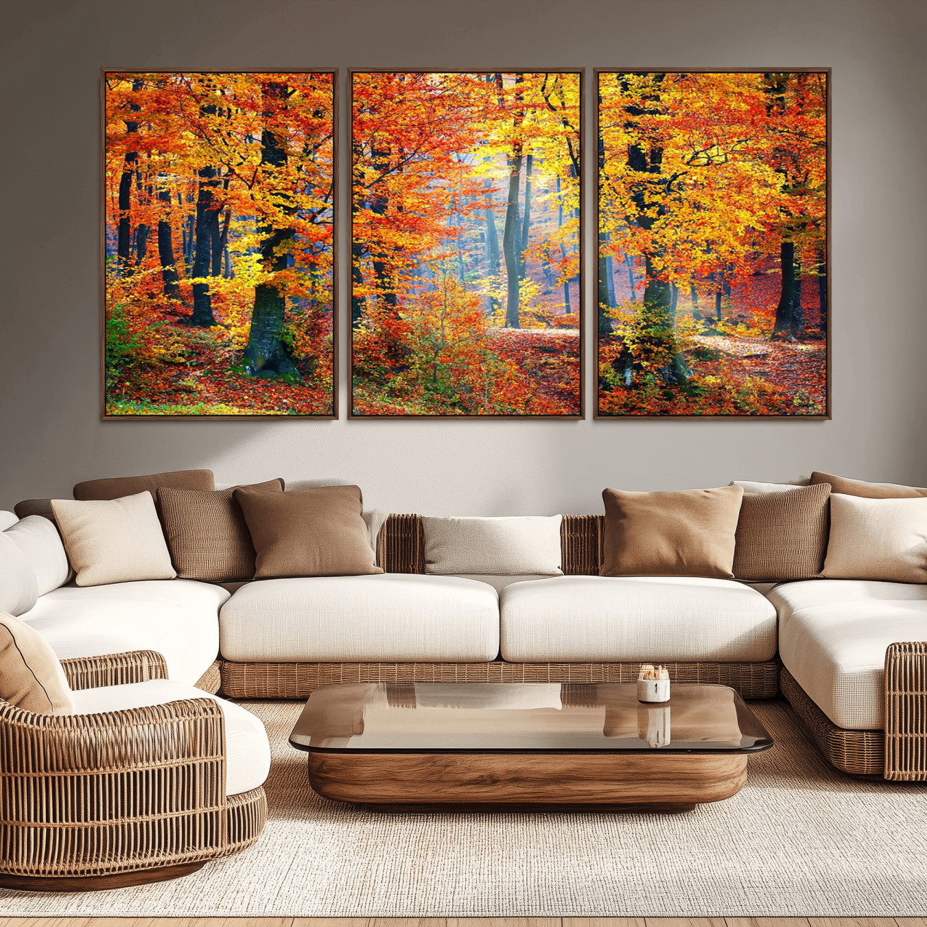 91746-MGV-CV-36X24-Autumn Red Forest Triptych Canvas Wall Art Print, Forest Wall Decor, Fall Landscape Art | Season