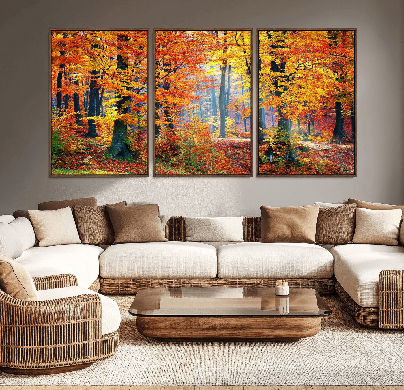 91746-MGV-CV-36X24-Autumn Red Forest Triptych Canvas Wall Art Print, Forest Wall Decor, Fall Landscape Art | Season