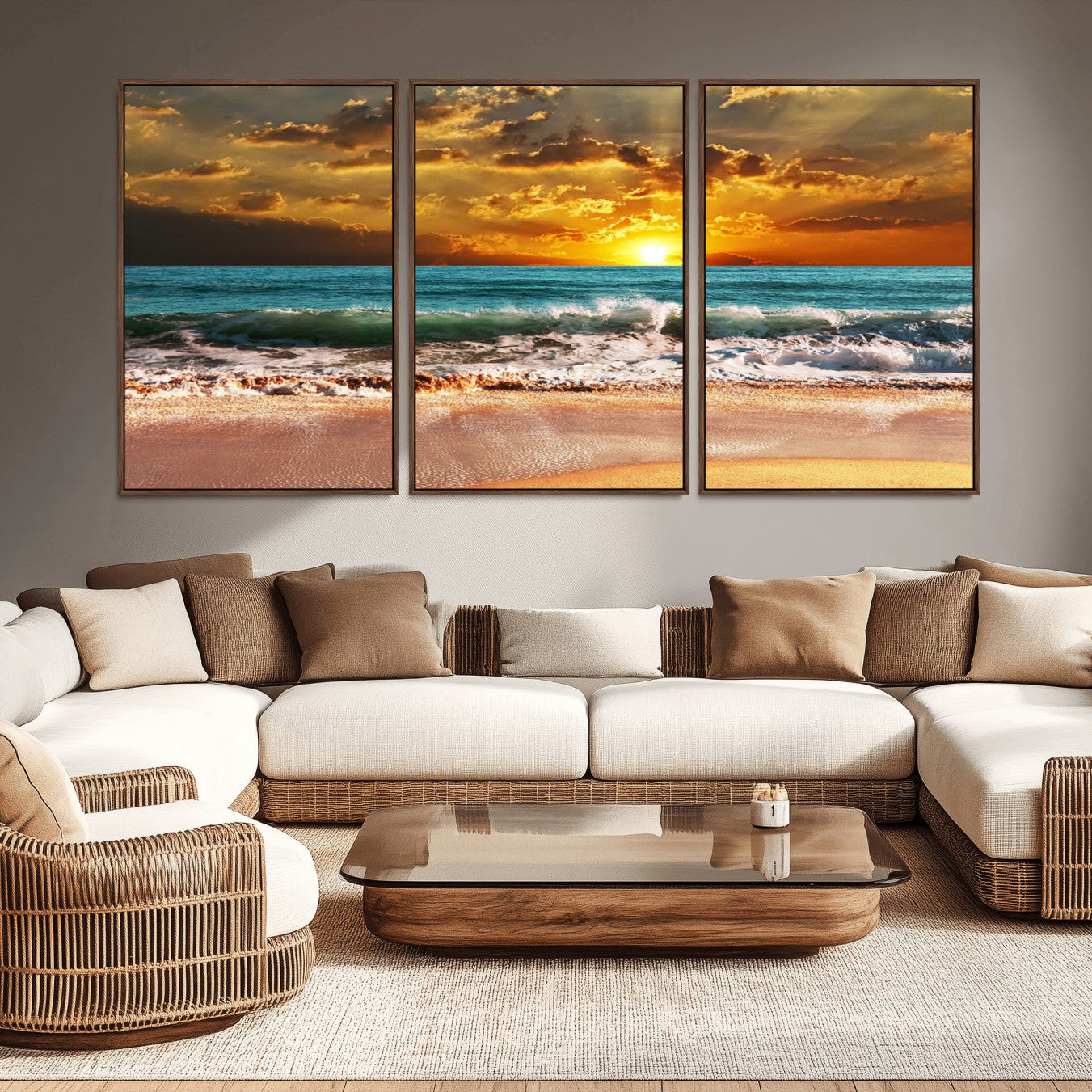 -Golden Sunset Beach Canvas Wall Art – Triptych Seascape Print – Framed and Ready to Hang for Living