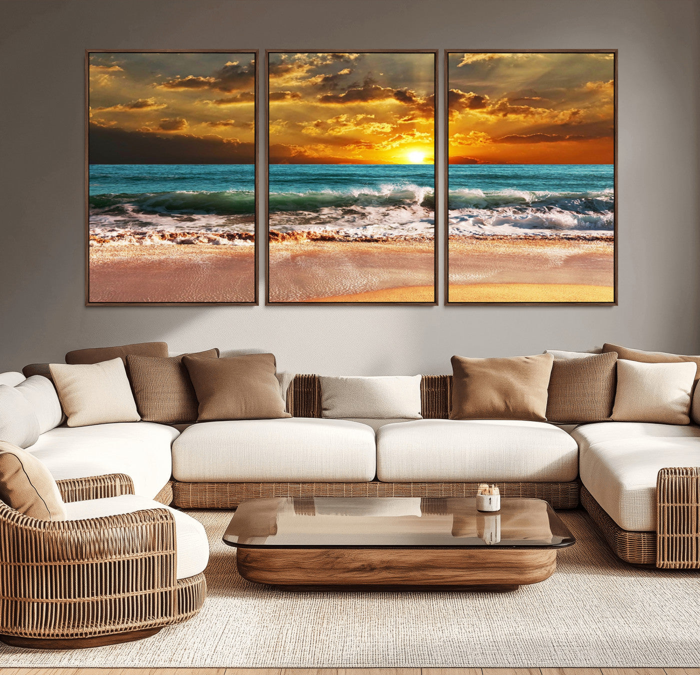 -Golden Sunset Beach Canvas Wall Art – Triptych Seascape Print – Framed and Ready to Hang for Living