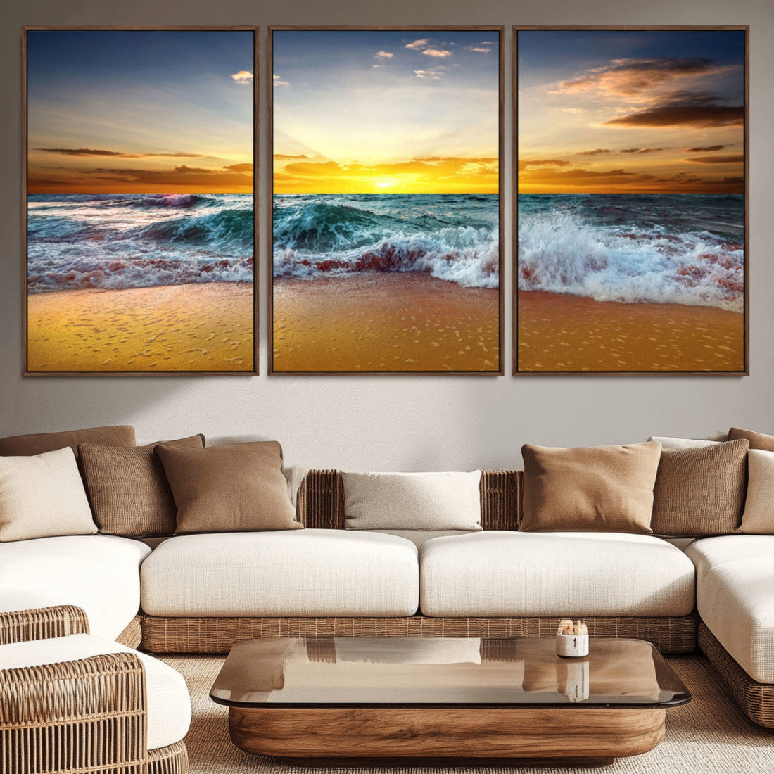 Golden Sunset Ocean Waves Wall Art Canvas Print | Multi Panel Beach Canvas Set, Coastal Triptych
