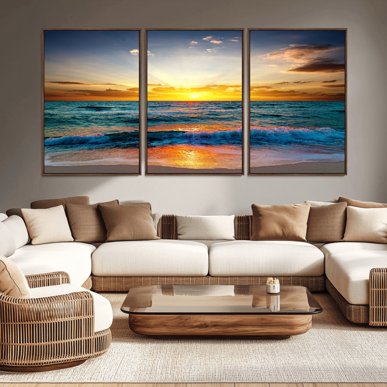 -Vibrant Ocean Sunrise Over Golden Beach Waves, Giclee Canvas Wall Art Set, High-Quality Stretched