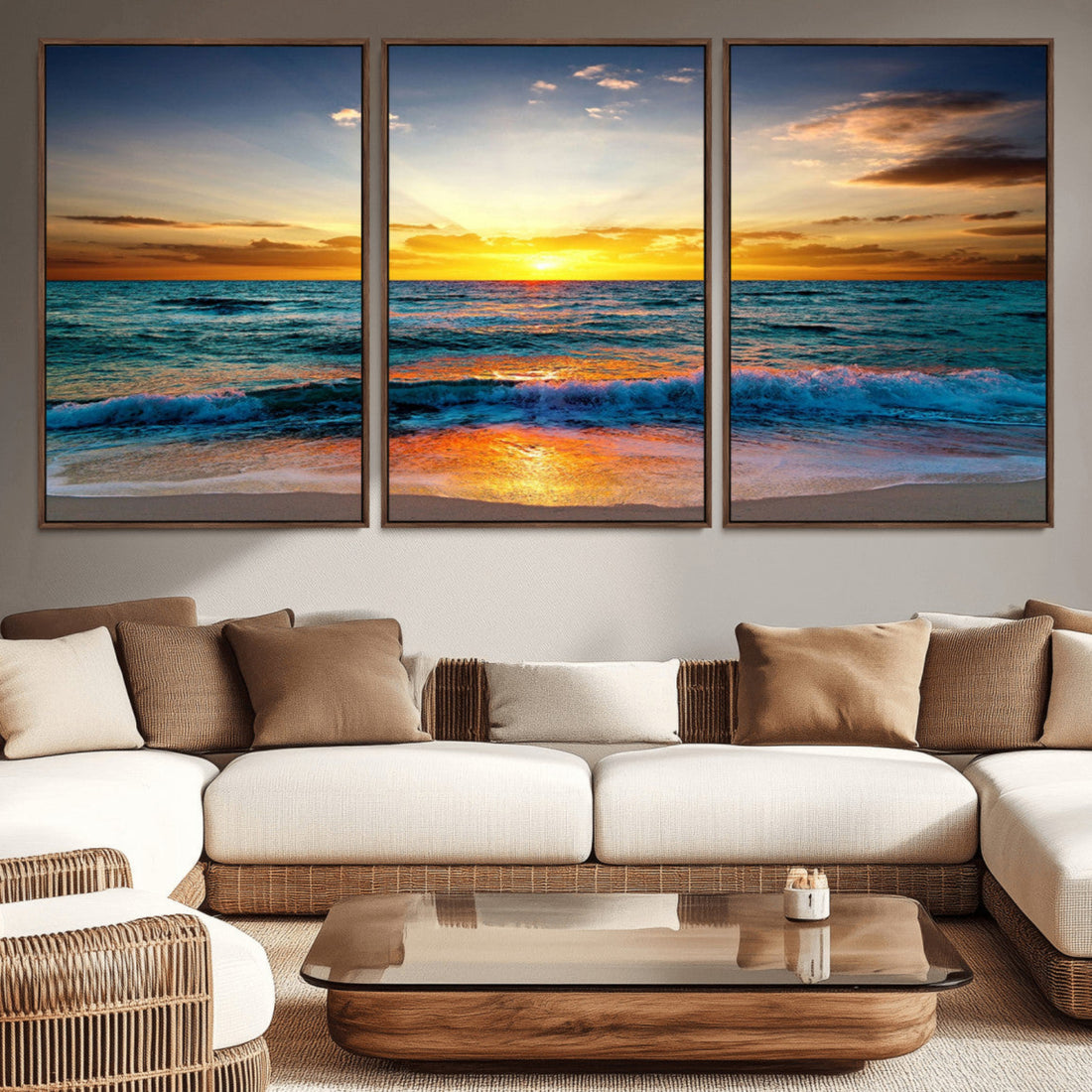 Vibrant Ocean Sunrise Over Golden Beach Waves, Giclee Canvas Wall Art Set