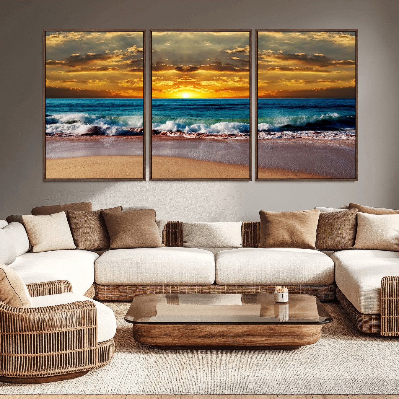 -Ocean Sunrise Over Golden Beach Waves, Giclee Canvas Wall Art Set, High-Quality Stretched Canvas