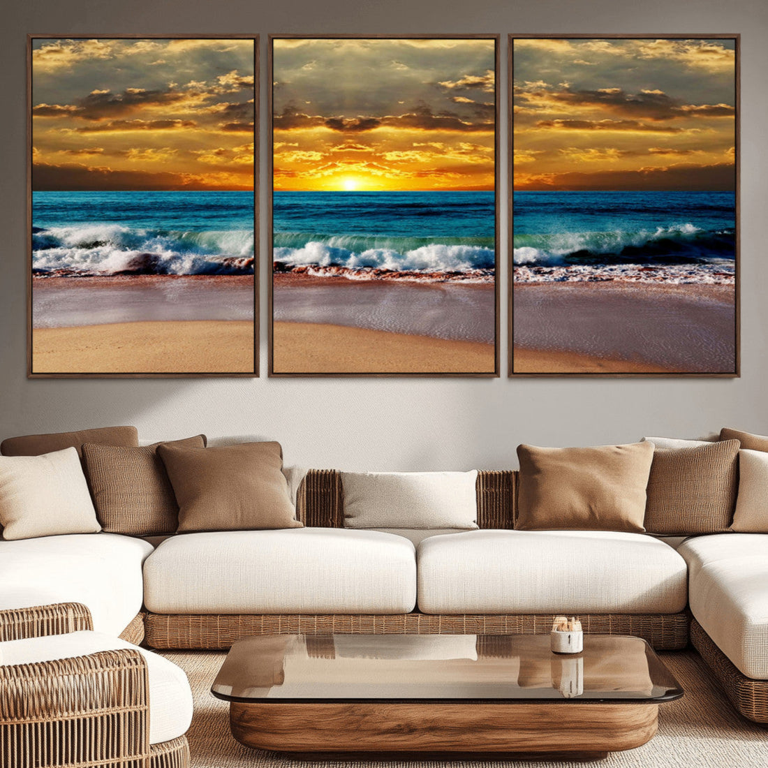 Ocean Sunrise Over Golden Beach Waves, Giclee Canvas Wall Art Set